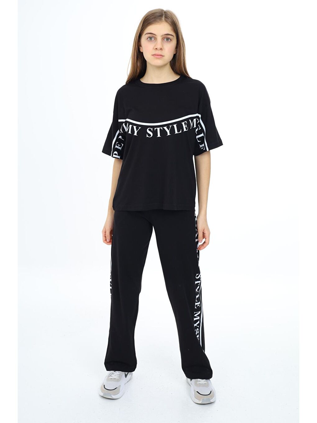 Siyah Kız Çocuk Salkım Yazı Baskılı Alt-Üst Takım 9-14 Yaş Px028