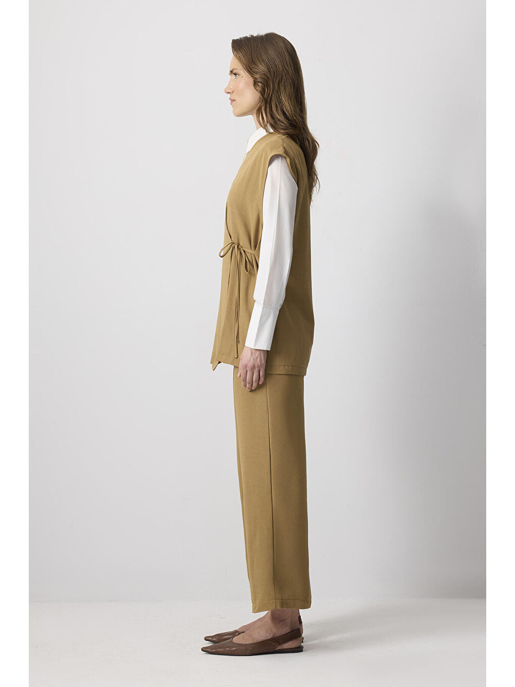 Kahverengi Keten Dokulu Yelek Pantolon Takım-3