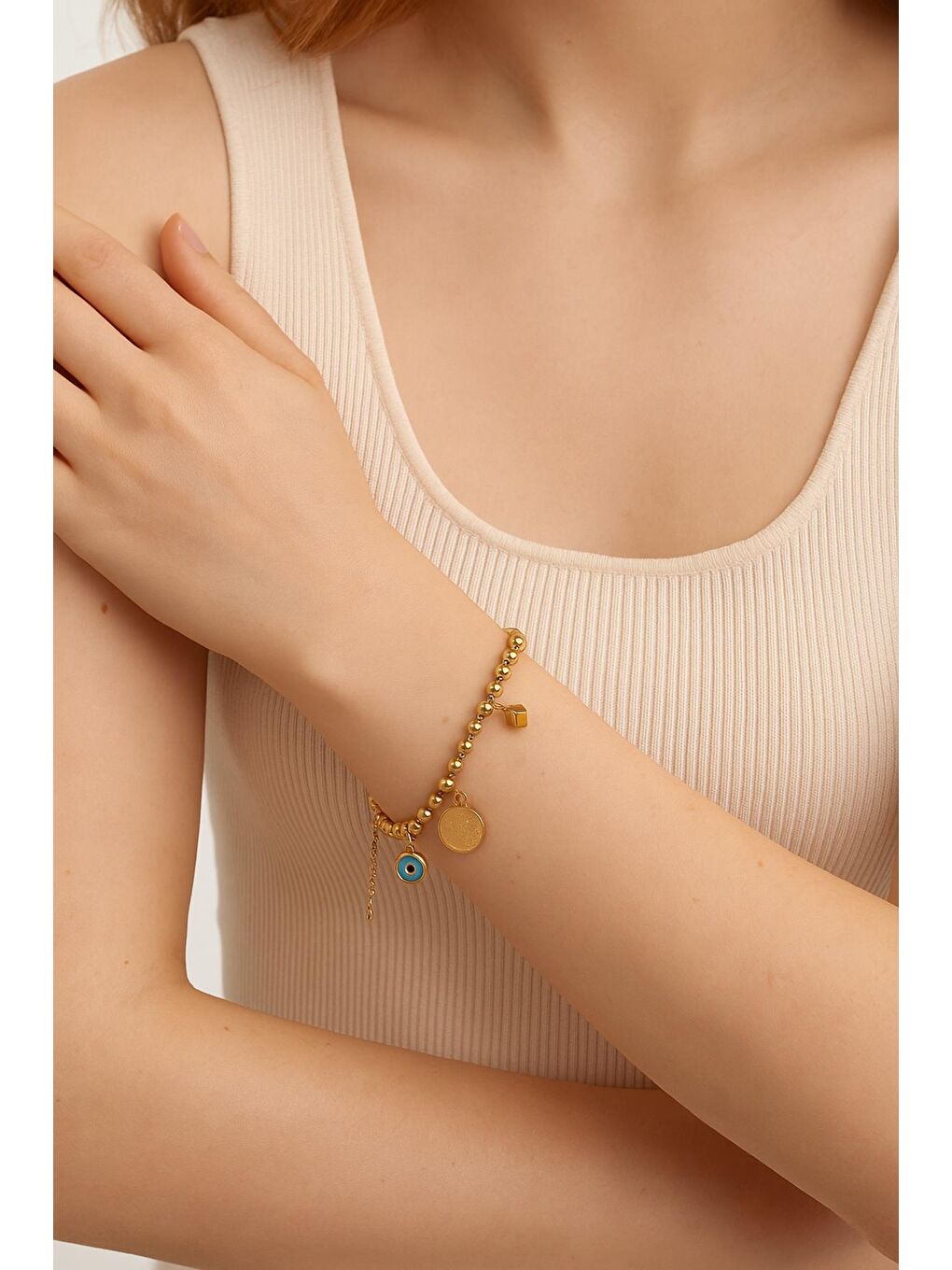 Sarı Nazar Göz Charmlı Çelik Bileklik