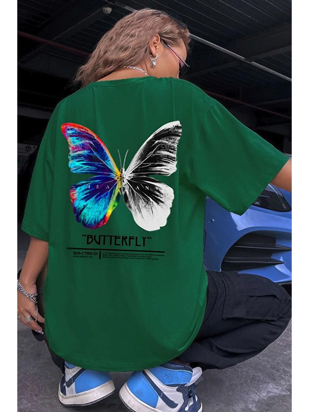 uyguntarz Yeşil Unisex Butterfly Baskılı T-shirt - 1