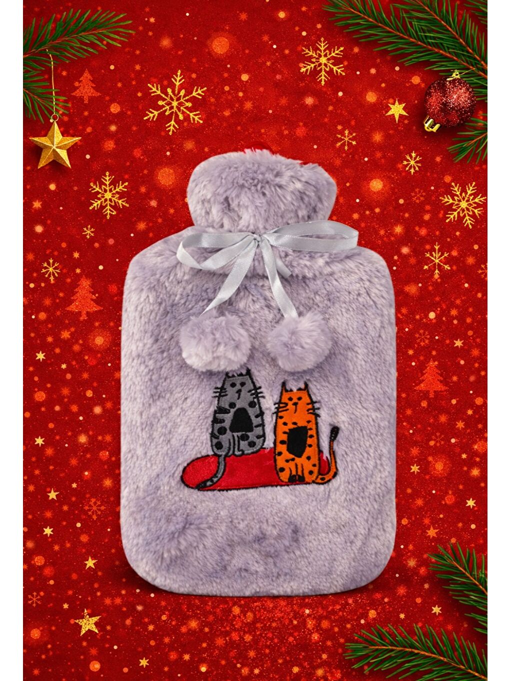 Cats Gri Pelüş Sıcak Su Torbası  Yumuşak Kılıf  2 L  Kedili Tasarım  20x35  Su Sızdırmaz-4