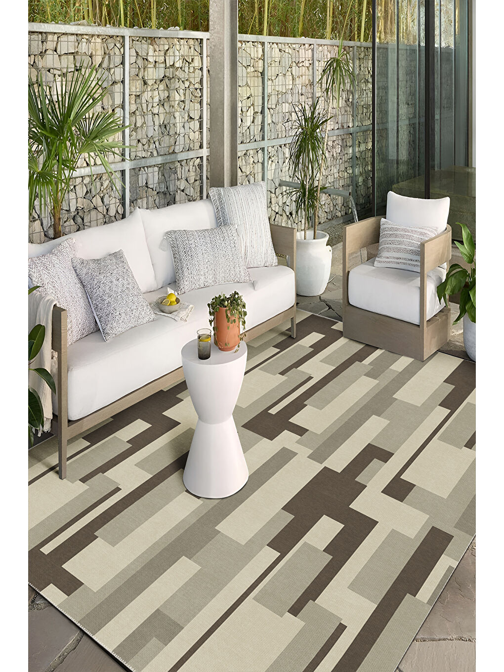 Bej Dekoratif Salon Halısı, Makinada Yıkanabilir, Kaymaz Taban, İnce & Modern Tasarım-2