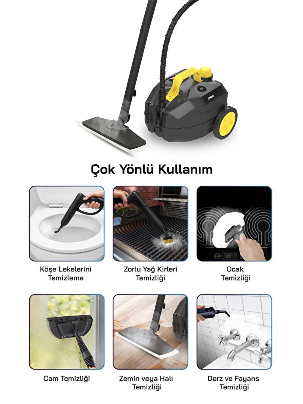 Beyaz 2000W 5 Bar Yüksek Basınçlı, 15 Başlıklı, 2 Lt, 110°C Profesyonel Buharlı Temizleyici SSC-6428-2