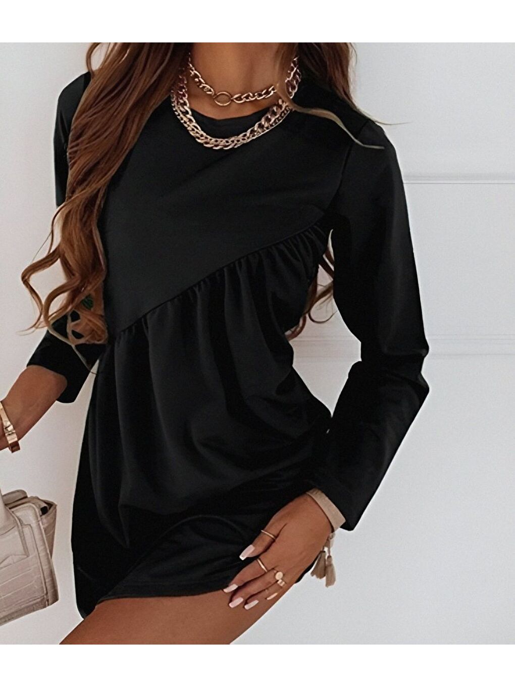 Siyah Kadın Uzun Kollu Bisiklet Yaka çapraz Büzgü Detay Iki Iplik Mini Boy Elbise-1