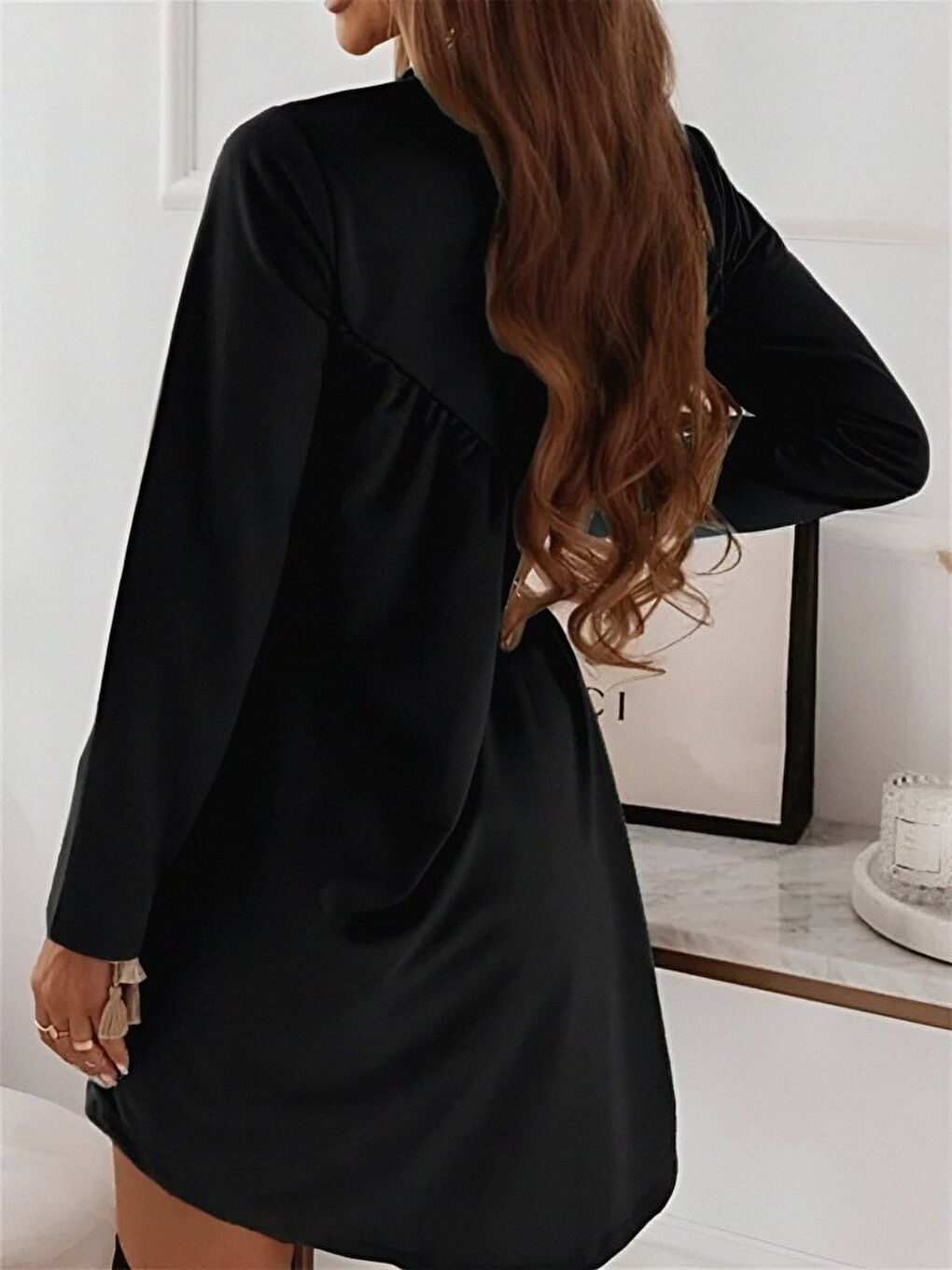 Siyah Kadın Uzun Kollu Bisiklet Yaka çapraz Büzgü Detay Iki Iplik Mini Boy Elbise-2