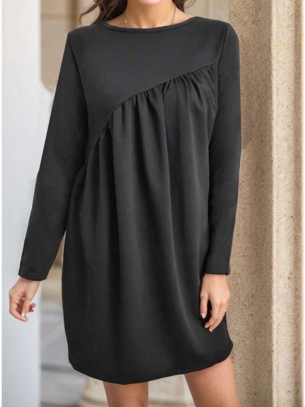 Siyah Kadın Uzun Kollu Bisiklet Yaka çapraz Büzgü Detay Iki Iplik Mini Boy Elbise-4