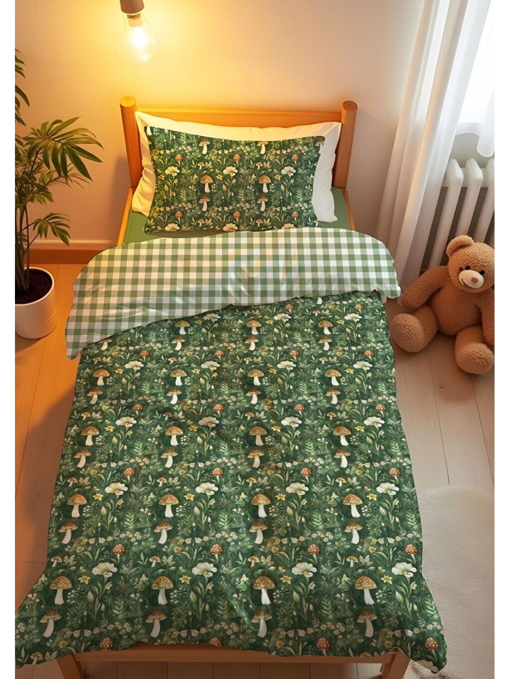 Yeşil Mantar Desenli Tek Kişilik Nevresim Takımı 160x220 cm-4