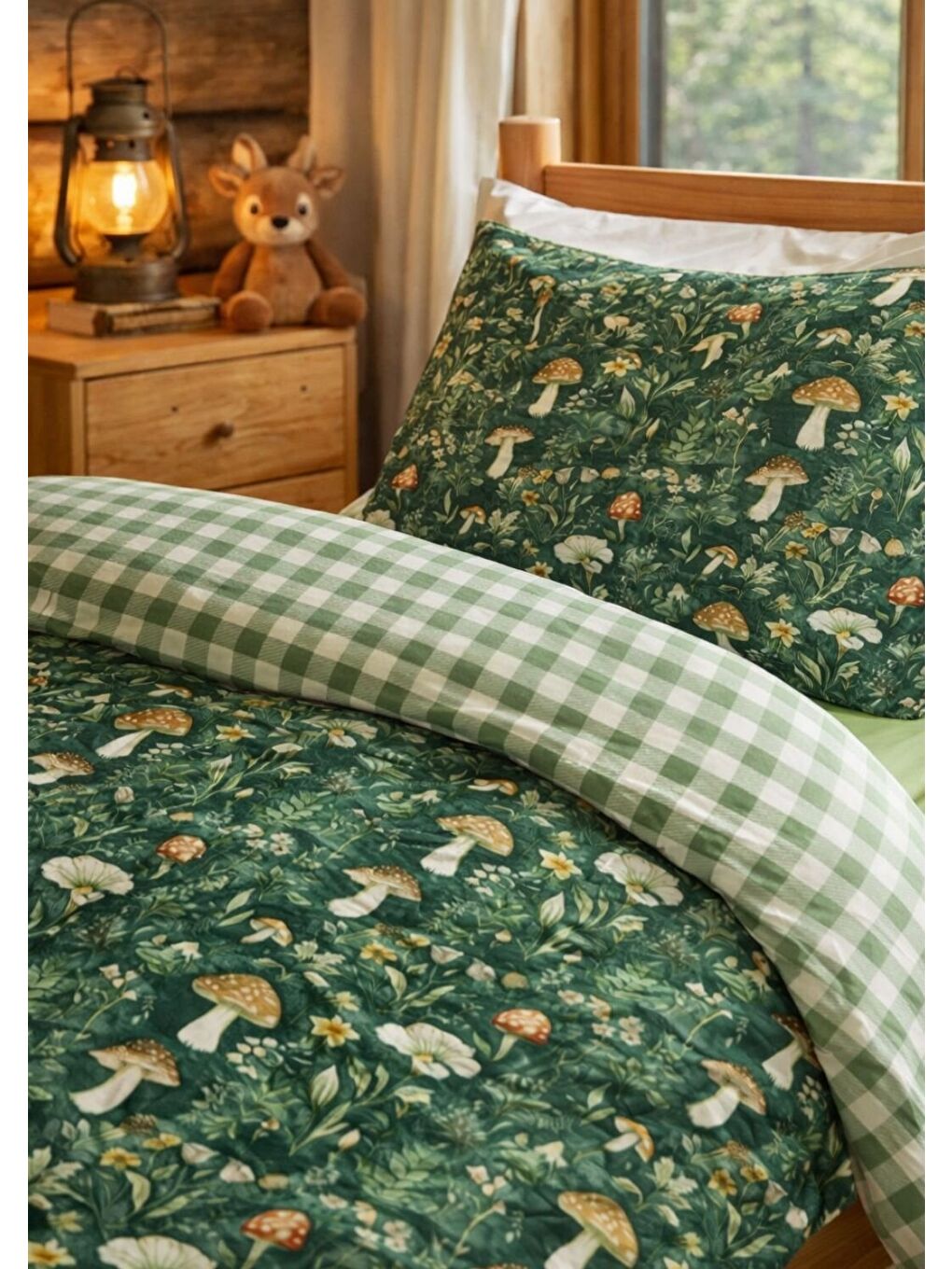 Yeşil Mantar Desenli Tek Kişilik Nevresim Takımı 160x220 cm-3
