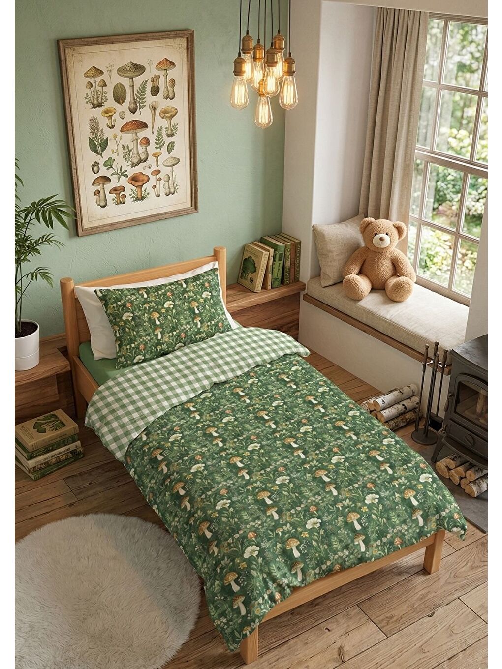 Yeşil Mantar Desenli Tek Kişilik Nevresim Takımı 160x220 cm-1
