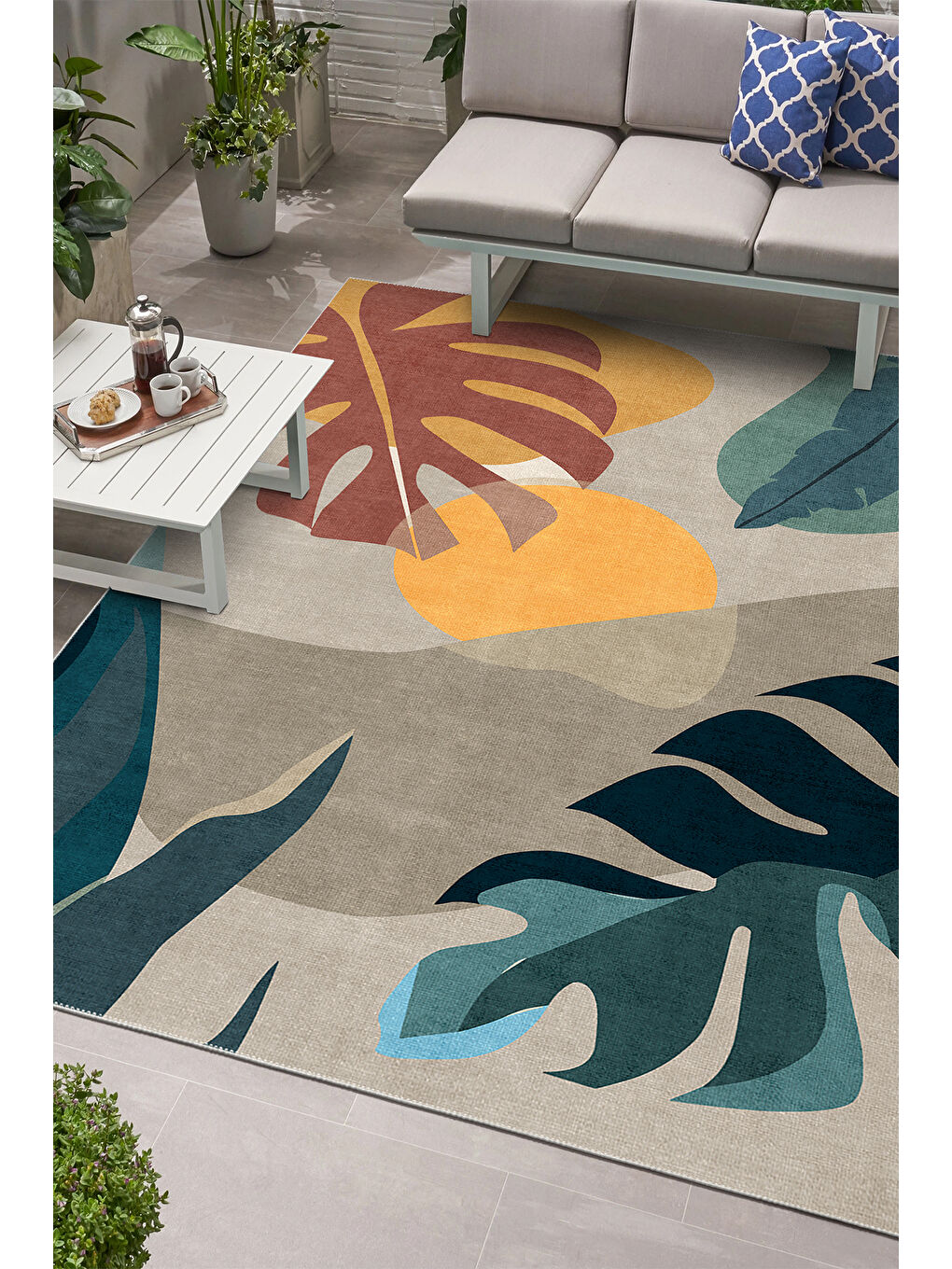 Bej Dekoratif Salon Halısı, Makinada Yıkanabilir, Kaymaz Taban, İnce & Modern Tasarım-4