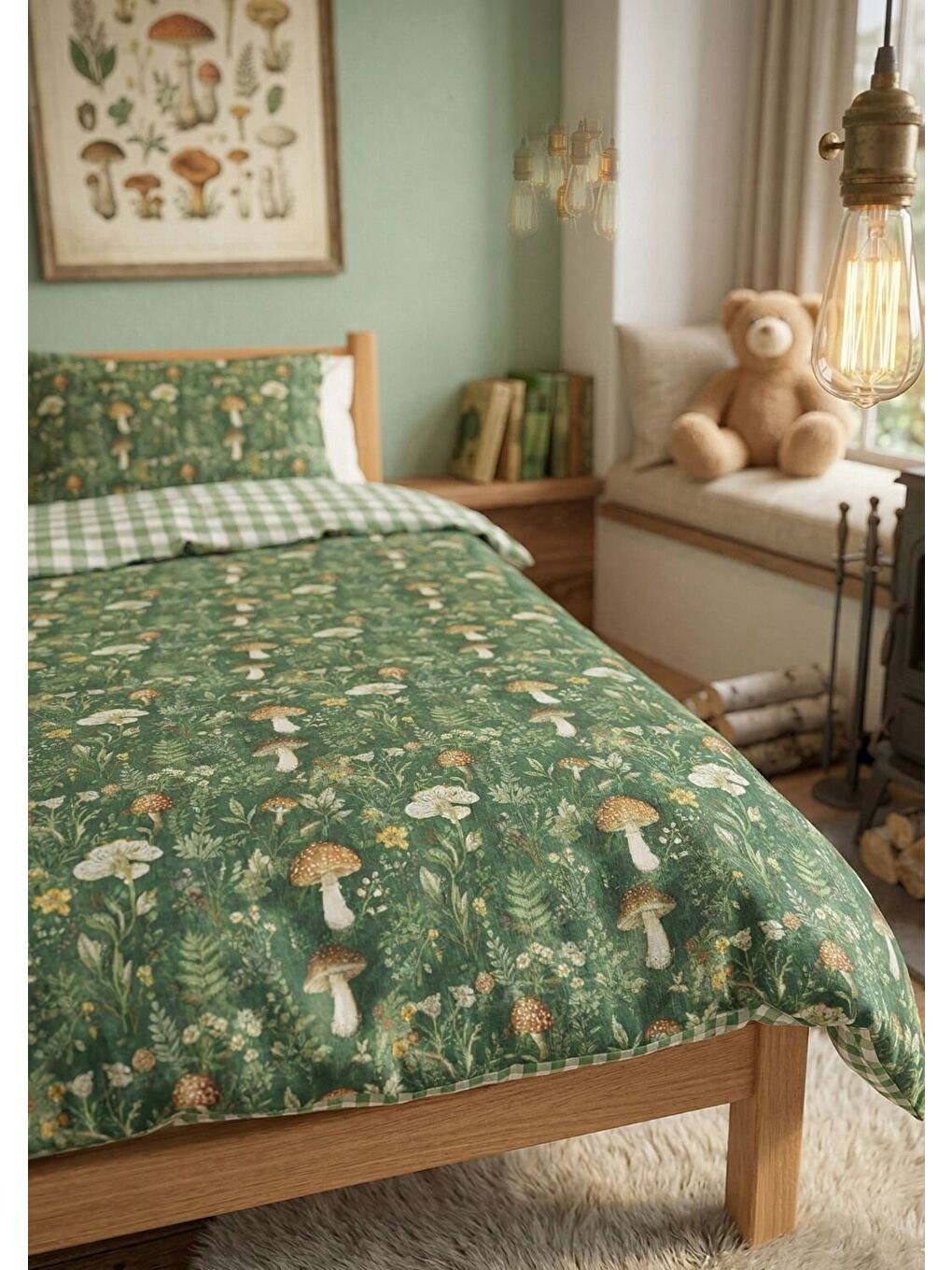 Yeşil Mantar Desenli Tek Kişilik Nevresim Takımı 160x220 cm-2