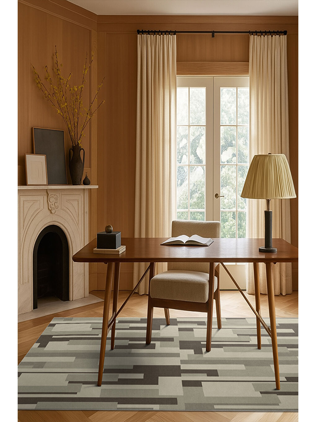 Bej Dekoratif Salon Halısı, Makinada Yıkanabilir, Kaymaz Taban, İnce & Modern Tasarım-1