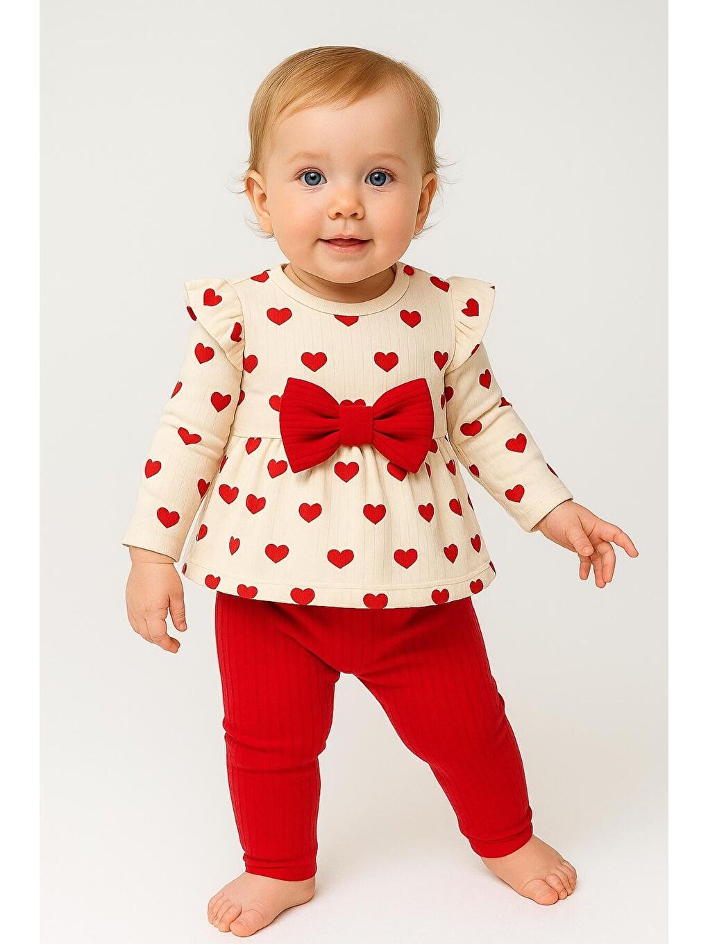 Kırmızı Kız Bebek Kalp Desenli Fiyonklu Pamuklu 2’li Takım 3-18 Ay