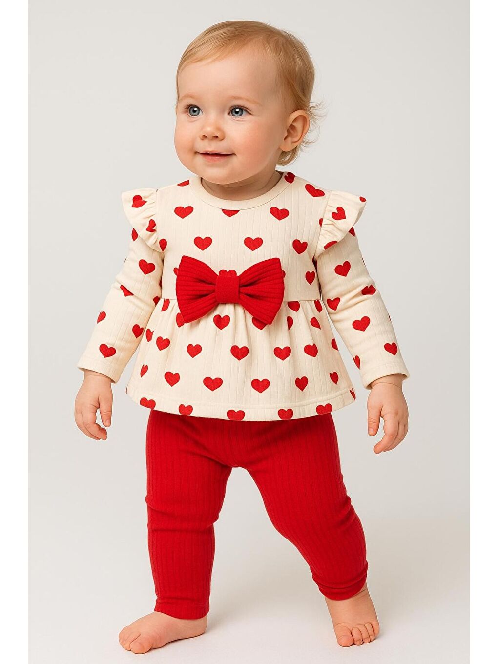 Kırmızı Kız Bebek Kalp Desenli Fiyonklu Pamuklu 2’li Takım 3-18 Ay-1