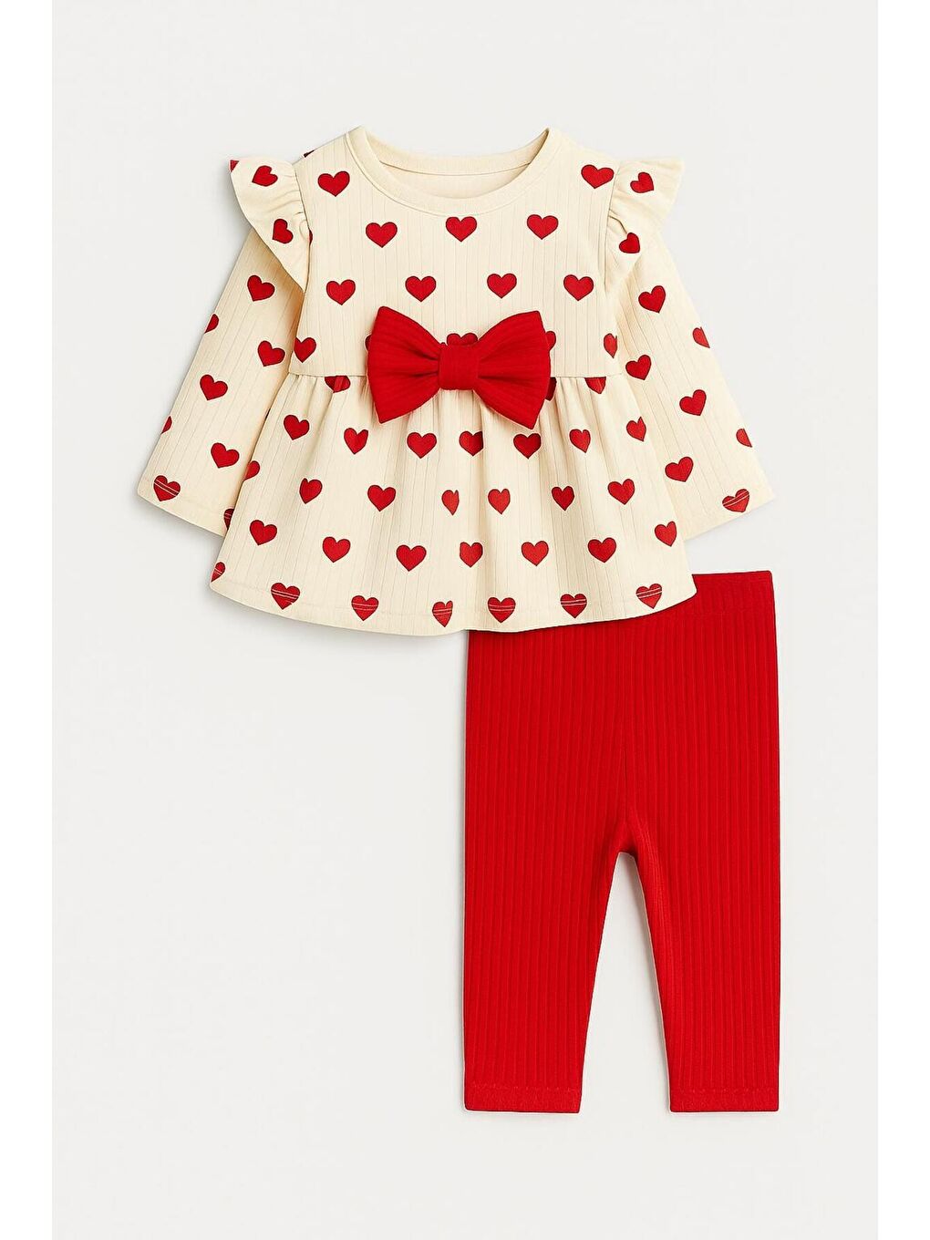 Kırmızı Kız Bebek Kalp Desenli Fiyonklu Pamuklu 2’li Takım 3-18 Ay-2