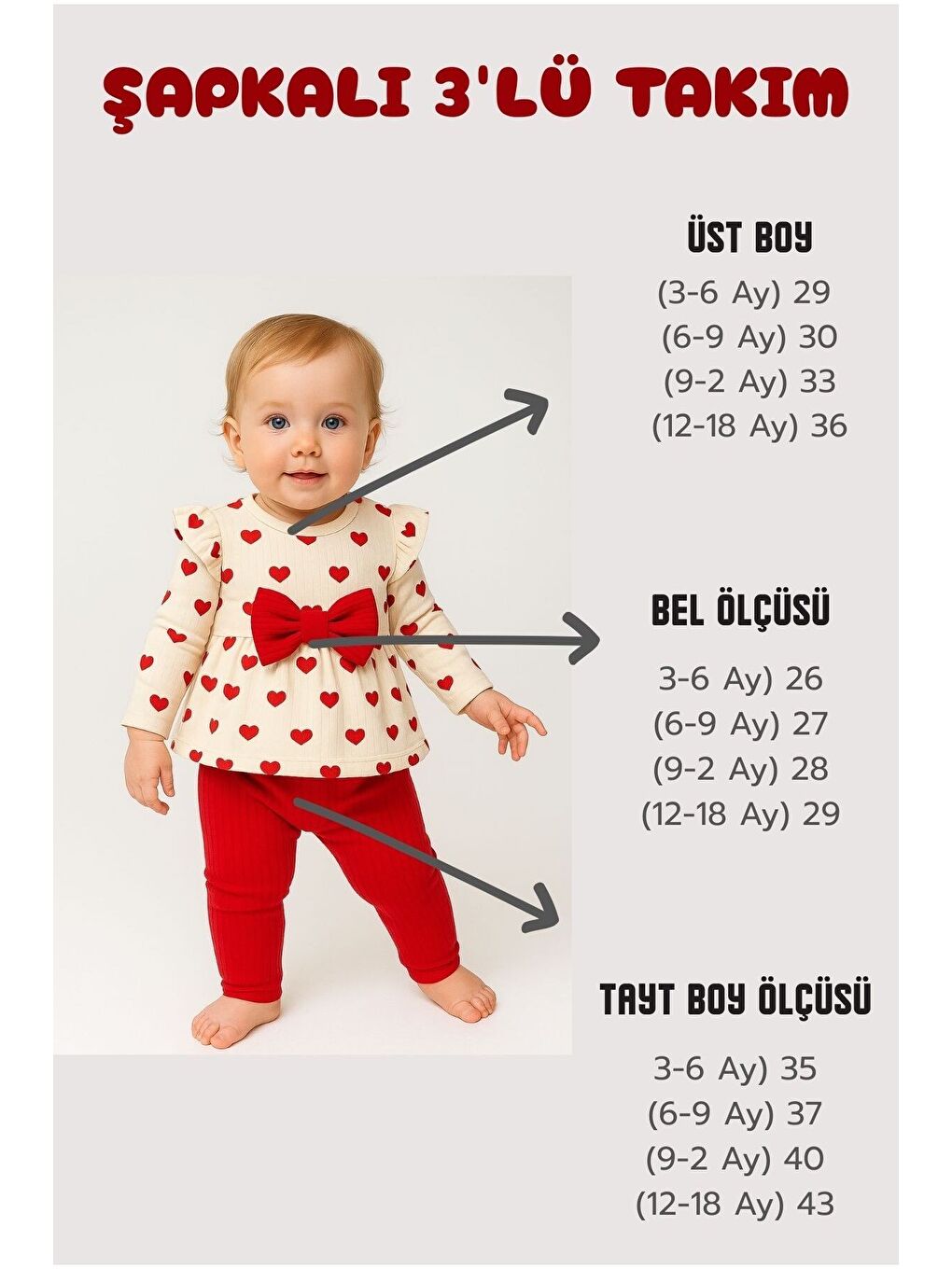 Kırmızı Kız Bebek Kalp Desenli Fiyonklu Pamuklu 2’li Takım 3-18 Ay-3
