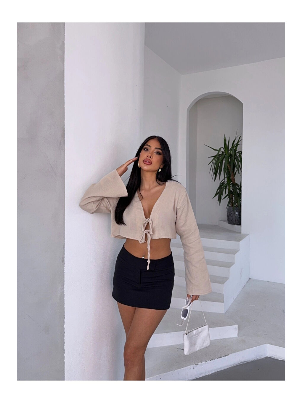 Kadın Bej Önden Bağlamalı Müslin Kumaş Crop Bluz HZL25S-DSB104071-1