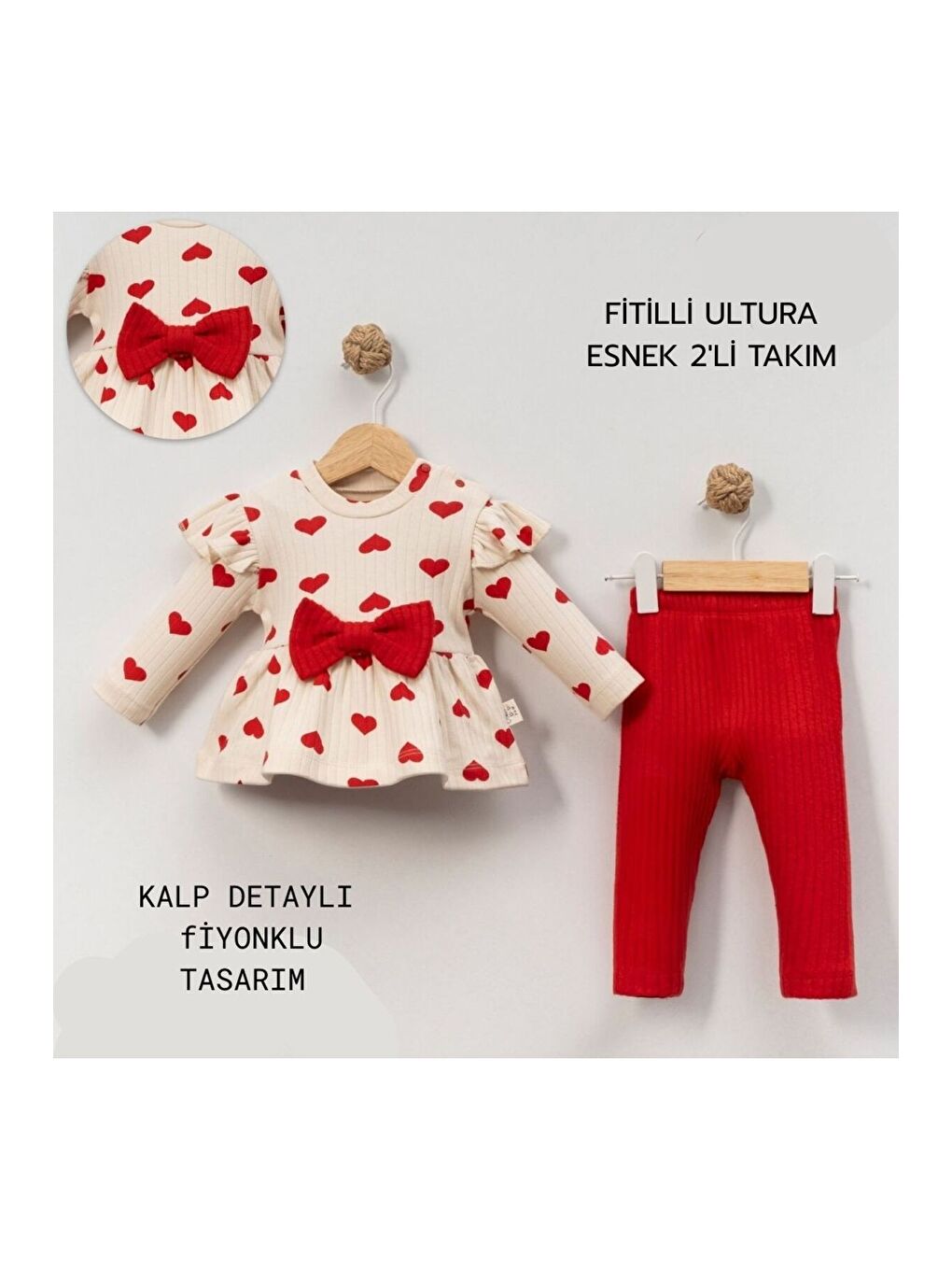 Kırmızı Kız Bebek Kalp Desenli Fiyonklu Pamuklu 2’li Takım 3-18 Ay-4