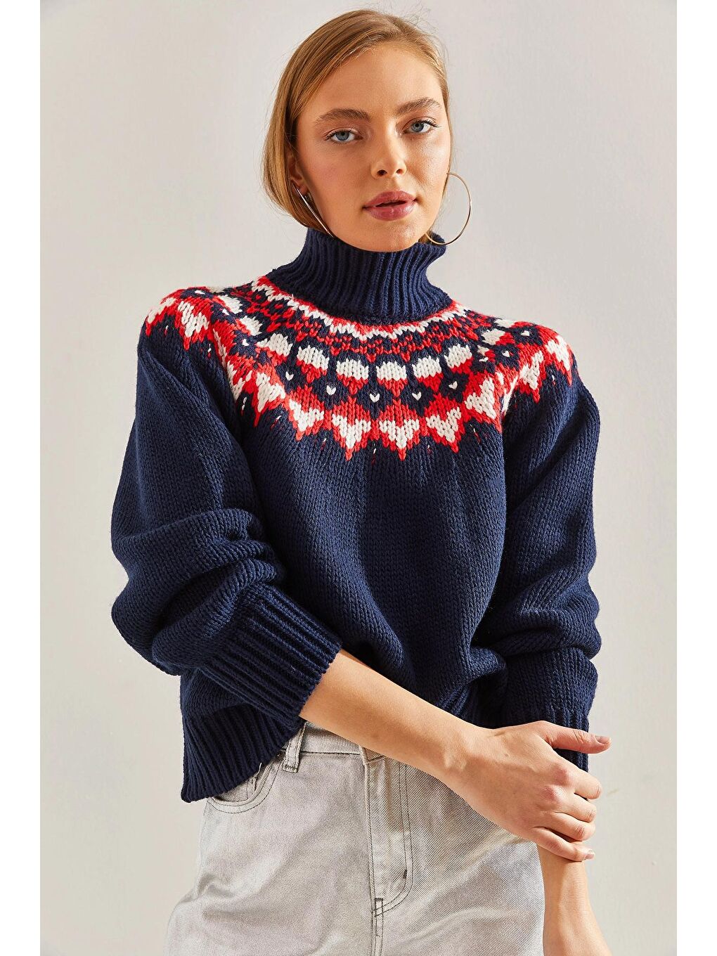 Lacivert Kadın Balıkçı Yaka Triko Kazak-2