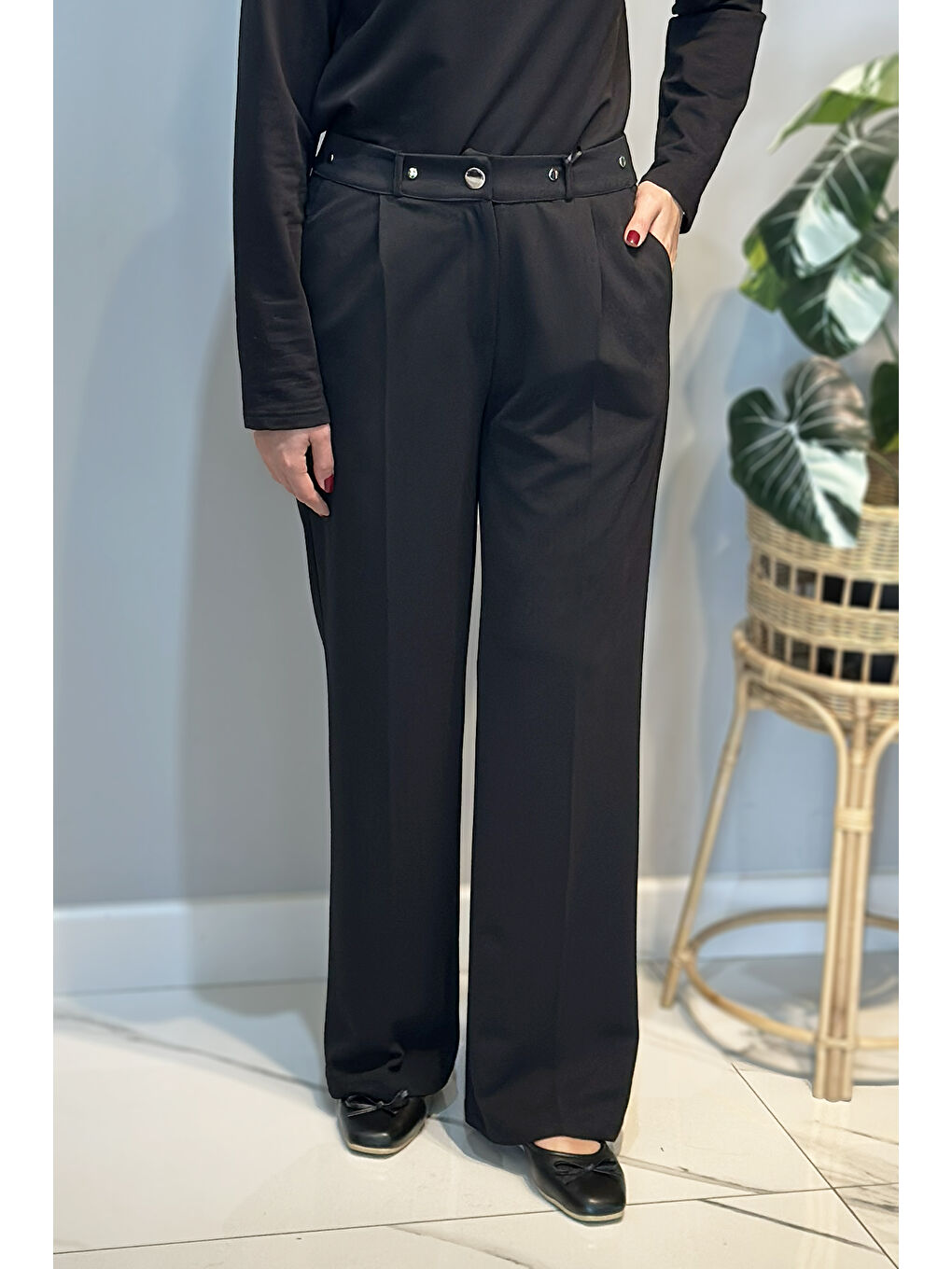 Çıt Çıt Düğme Detay Palazzo Pantolon 16118 Siyah