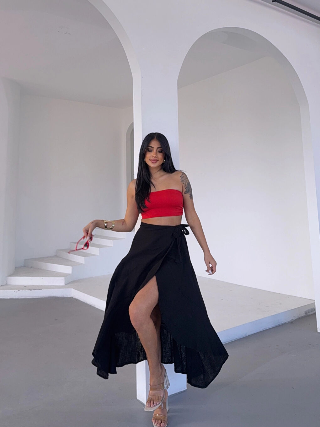 Kadım Siyah Belden Bağlamalı Asimetrik Müslin Etek HZL25S-DSB117801-1