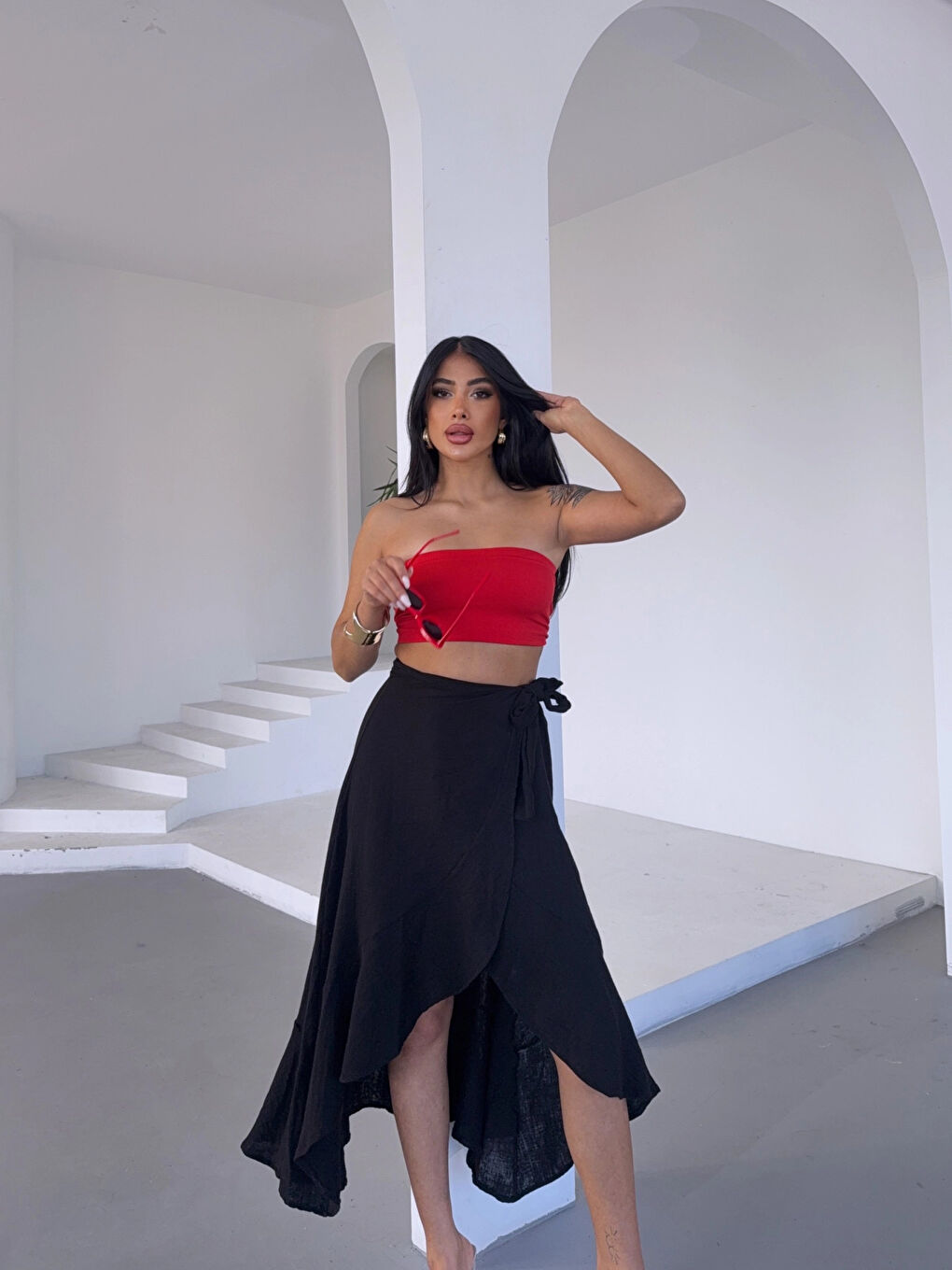 Kadım Siyah Belden Bağlamalı Asimetrik Müslin Etek HZL25S-DSB117801-4