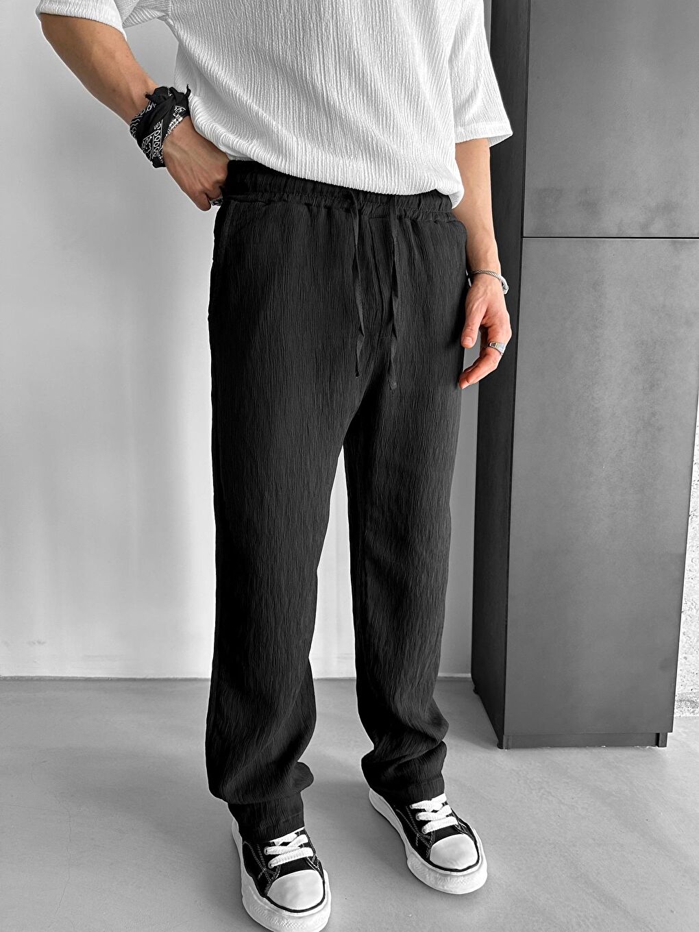 Baggy Fit Desenli Beli Lastikli Rahat Erkek Pantolon Siyah