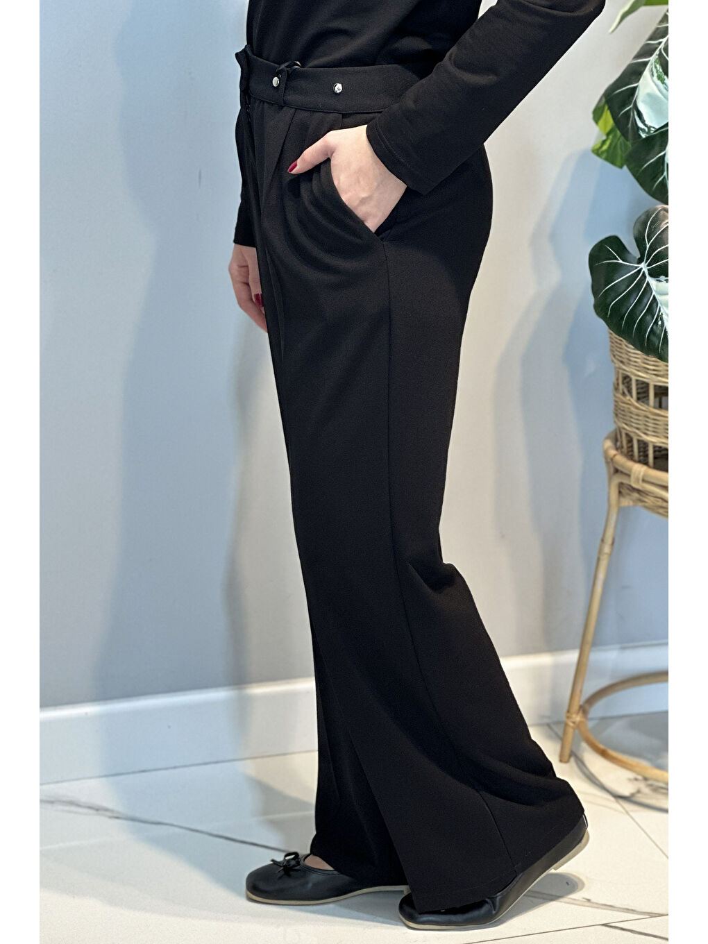 Çıt Çıt Düğme Detay Palazzo Pantolon 16118 Siyah-1