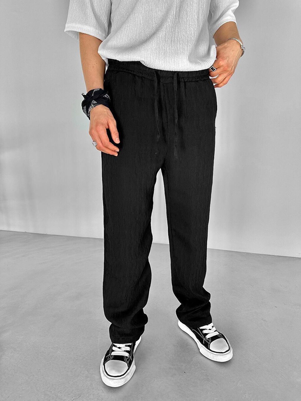 Baggy Fit Desenli Beli Lastikli Rahat Erkek Pantolon Siyah-1