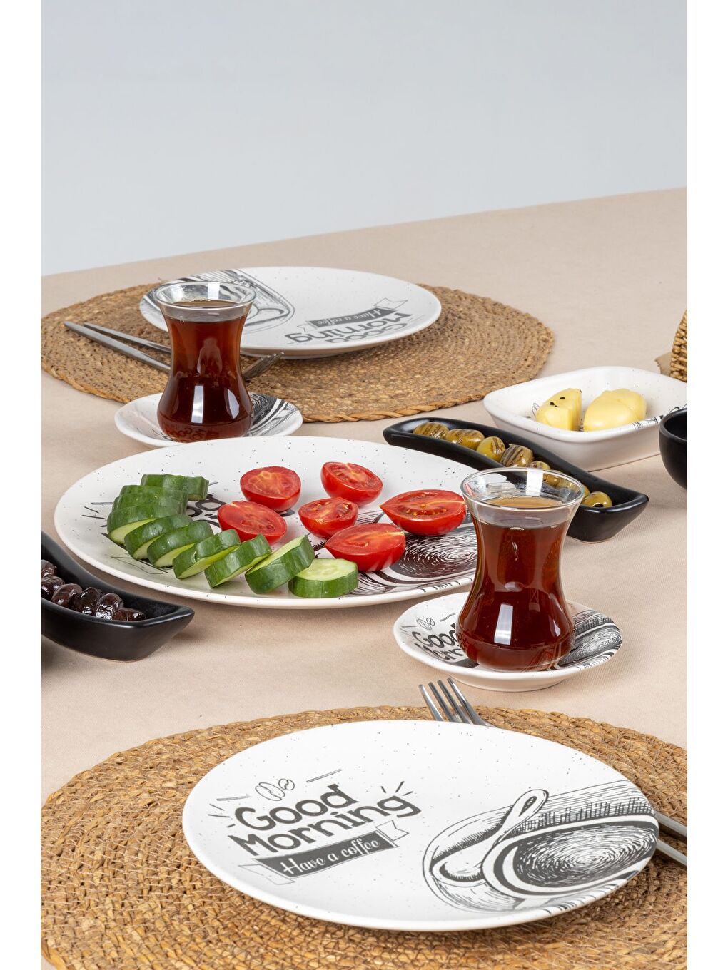 Nandy Home Siyah 19 Parça 4 Kişilik Handmade Yeni Gün Desen Kahvaltı Takımı   Stoneware Kahvaltı Sunum Seti - 3