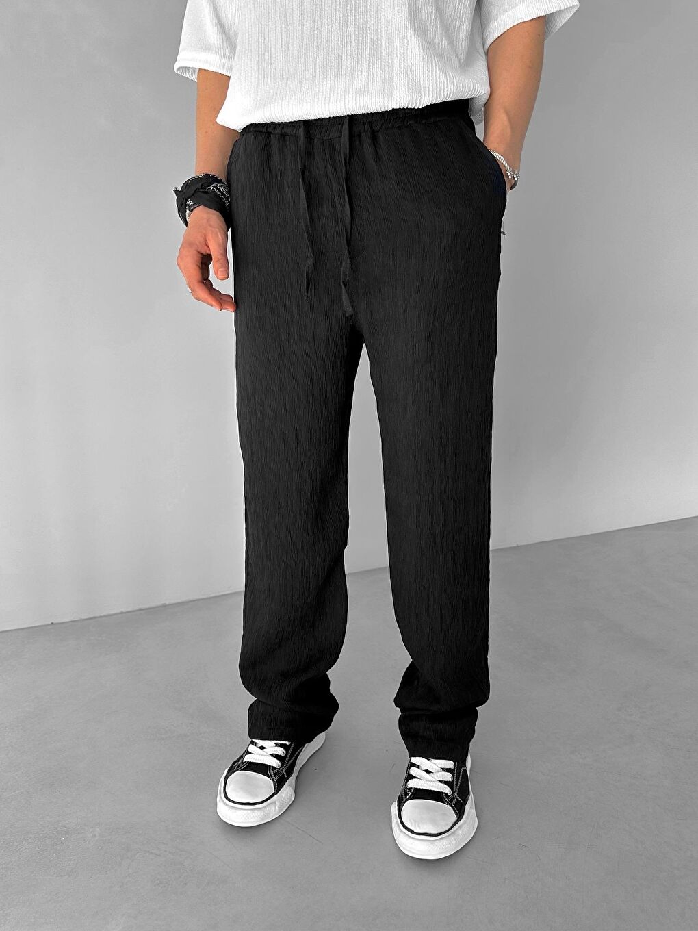 Baggy Fit Desenli Beli Lastikli Rahat Erkek Pantolon Siyah-2