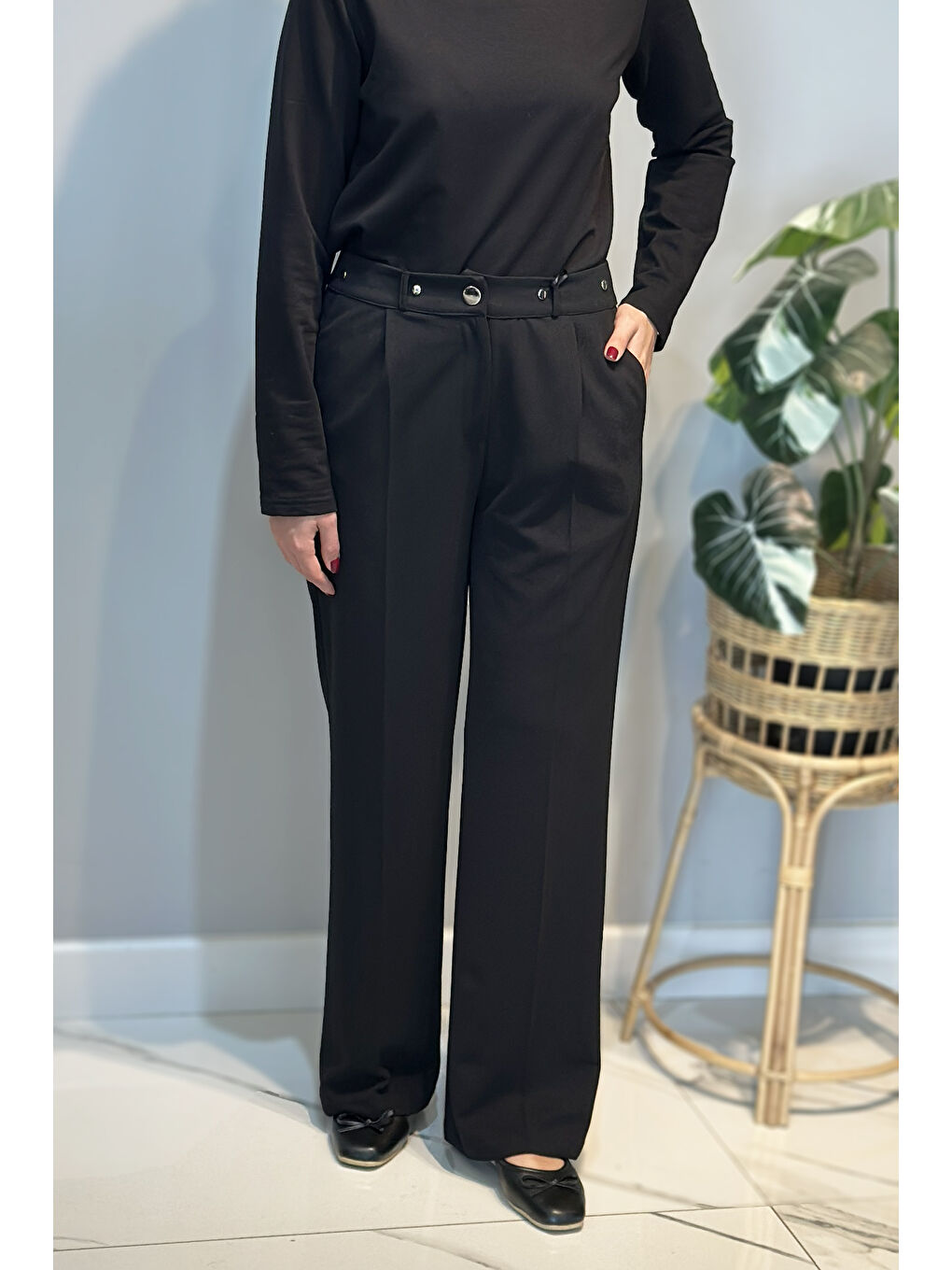Çıt Çıt Düğme Detay Palazzo Pantolon 16118 Siyah-3