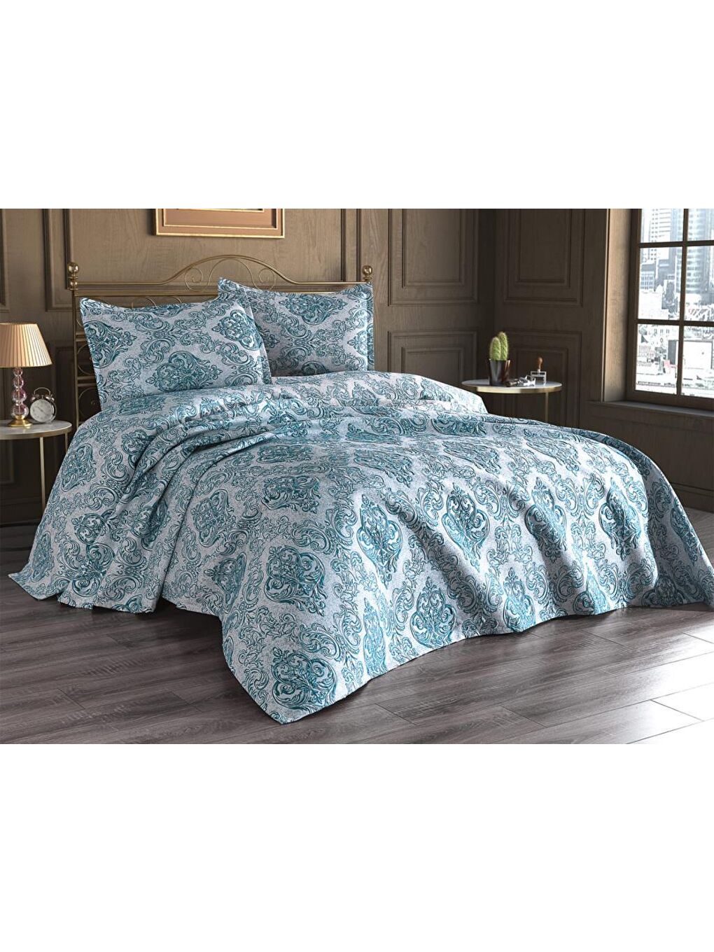 Sude Jakarlı Yatak Örtüsü Petrol