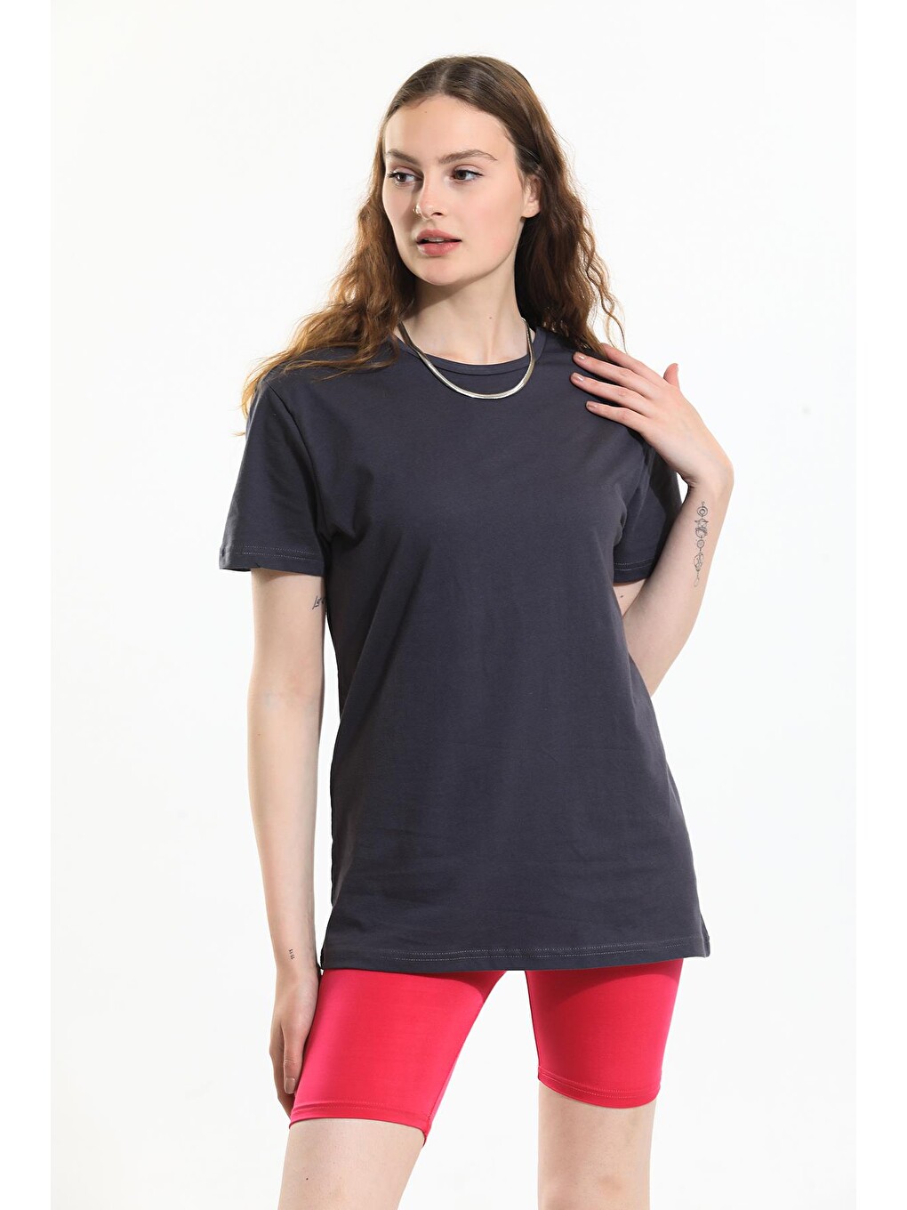 Lacivert Oversize Fit Pamuklu Kısa Kollu Basic Uniseks Kadın Erkek Tişört-3