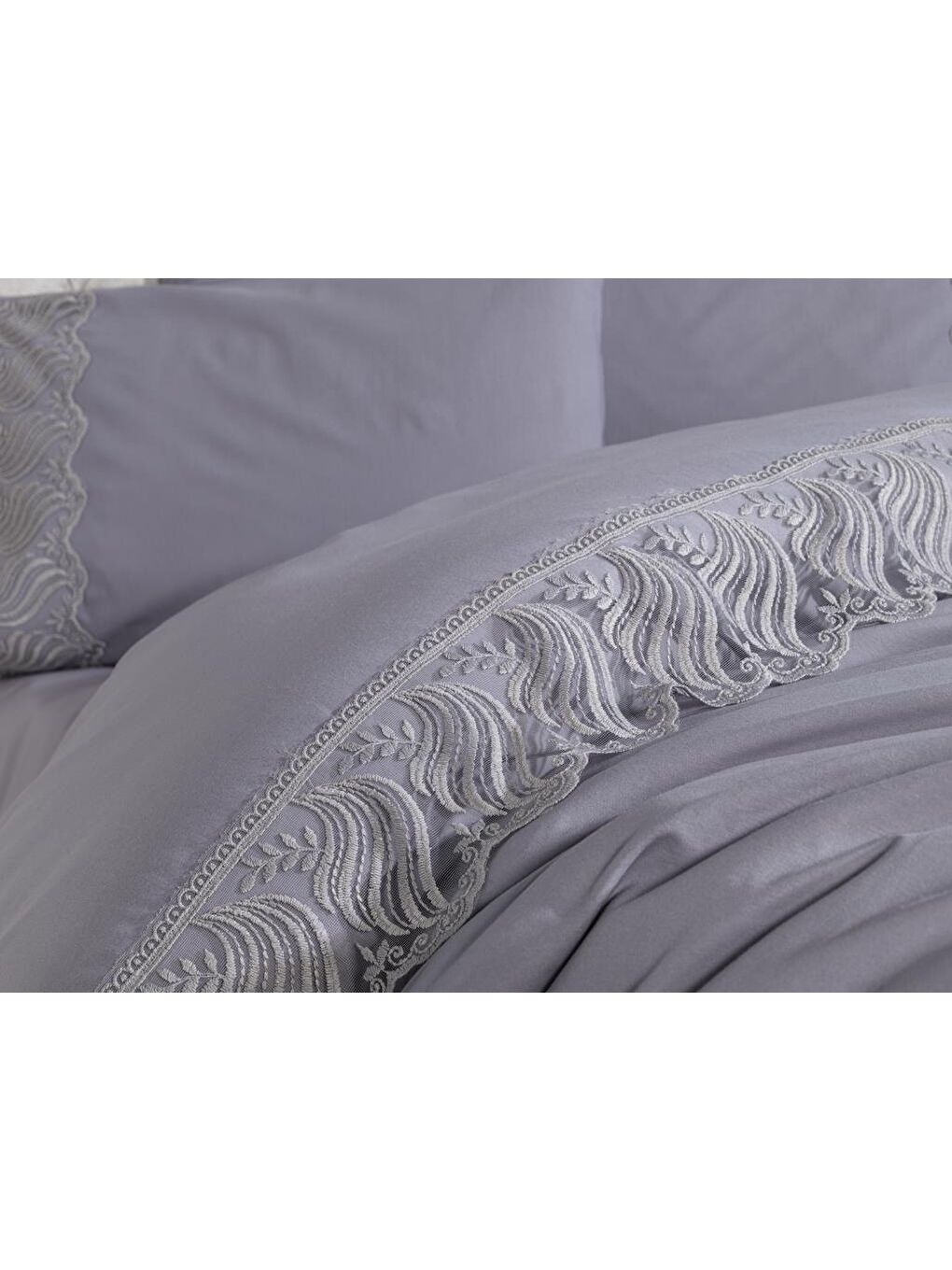 Karışık Fransız Dantelli Wave Çeyizlik Nevresim Takımı Gri-1
