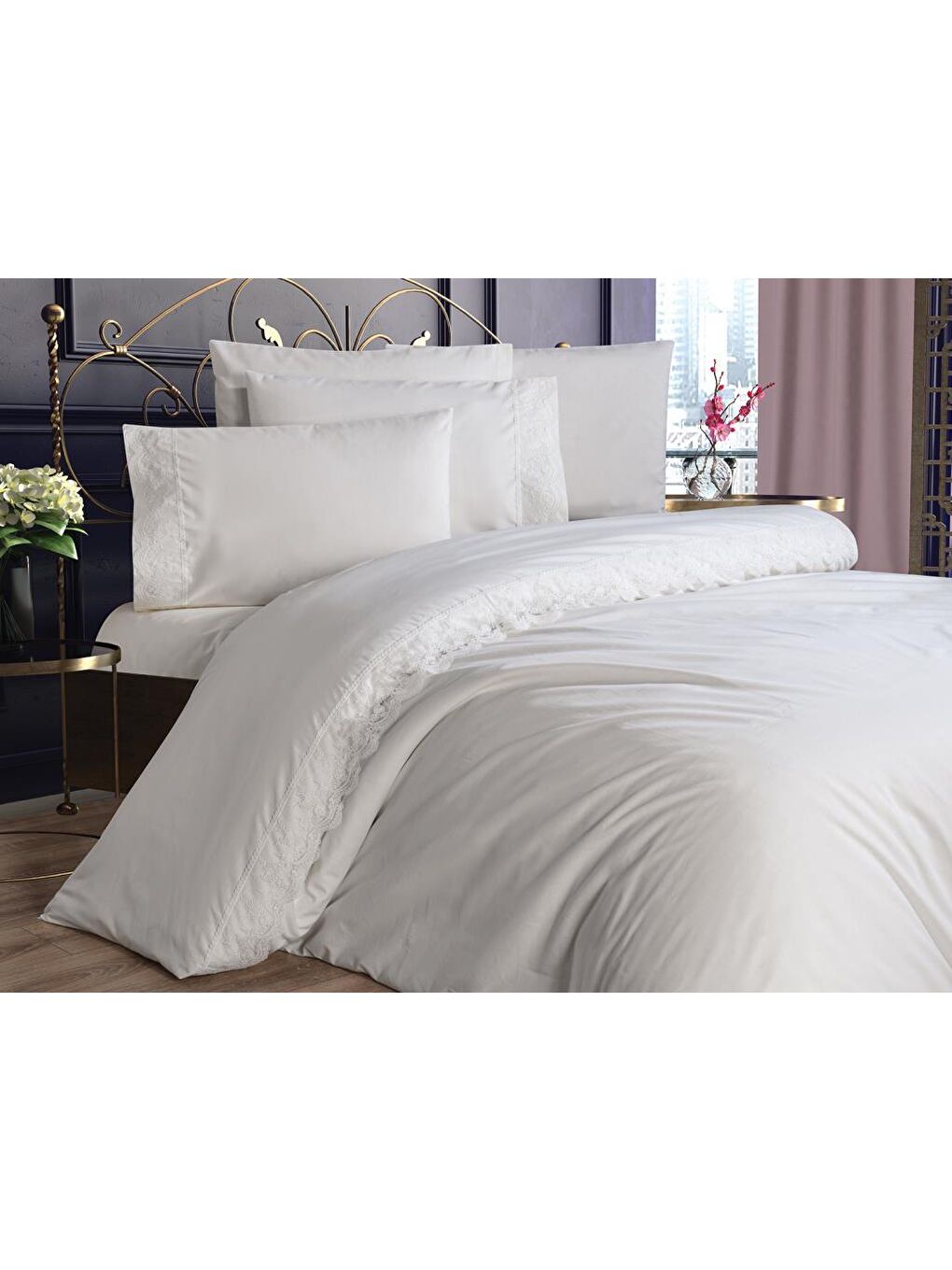 Karışık Fransız Dantelli Elani Çeyizlik Nevresim Takımı Krem