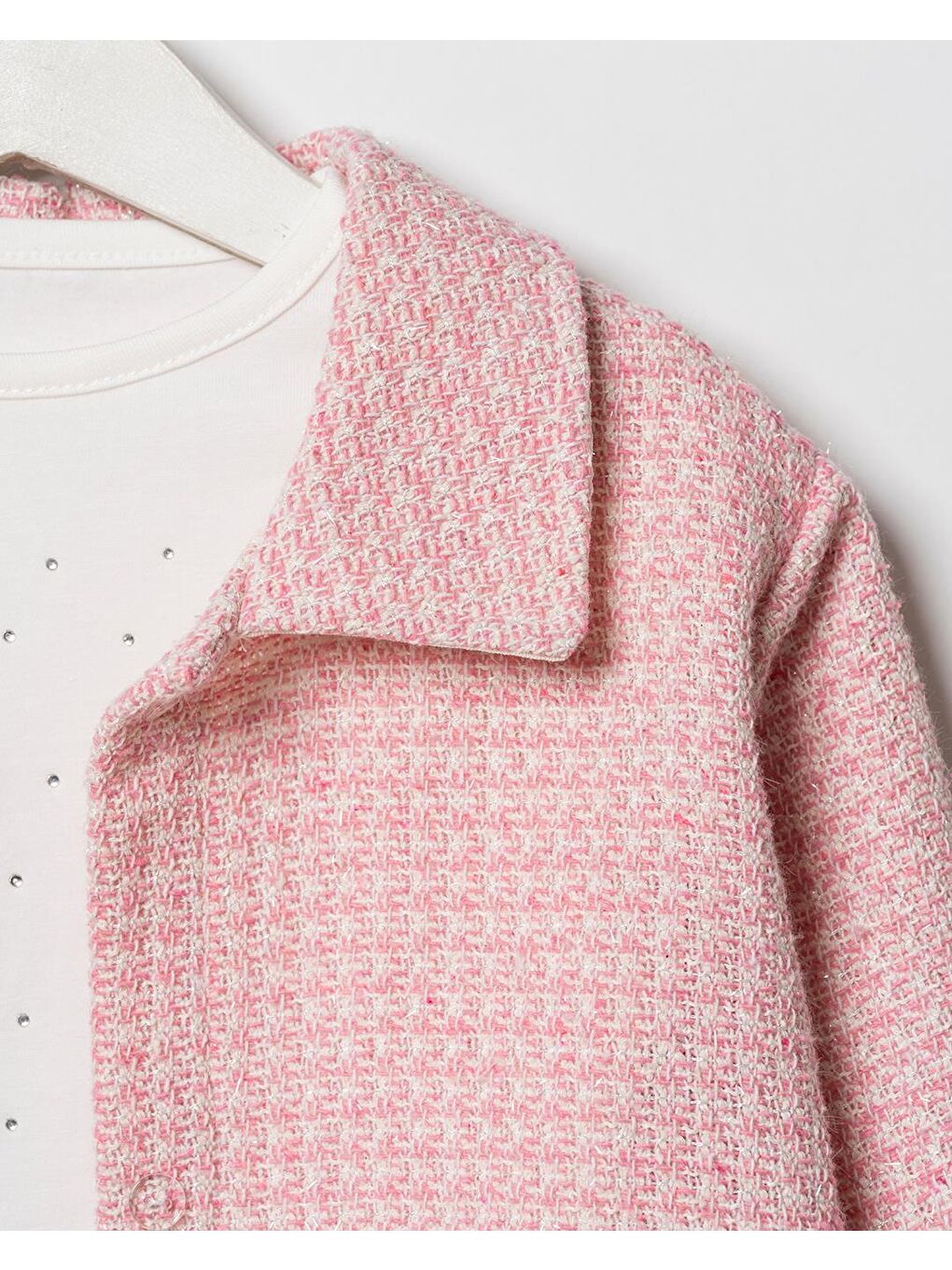 Kız Çocuk Pamuklu Pembe Dokulu Ceketli Etek Takım – T-Shirt Dahil 3'Lü-4