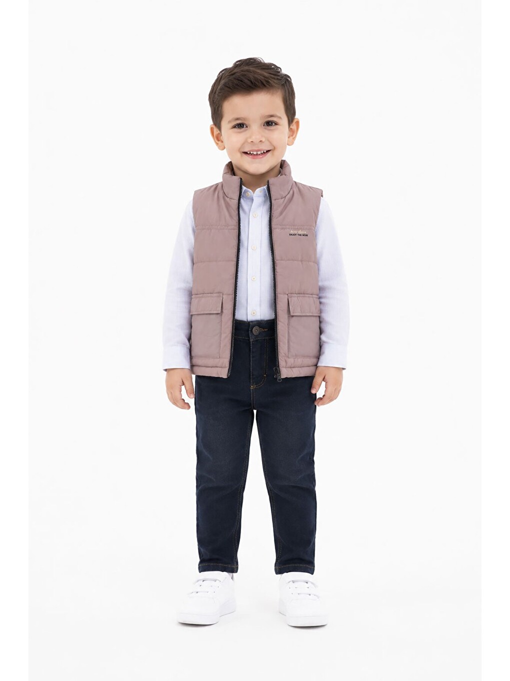 Ekru Krem Şişme Yelekli Gömlekli Erkek Çocuk Pantolonlu 3lü Takım 24521