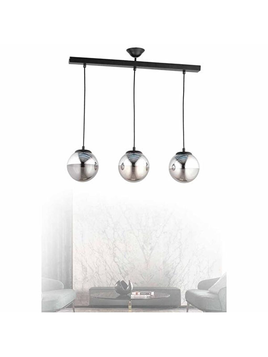 Ada 3'Lü Sıralı Avize - Füme Kaplama / Siyah-1