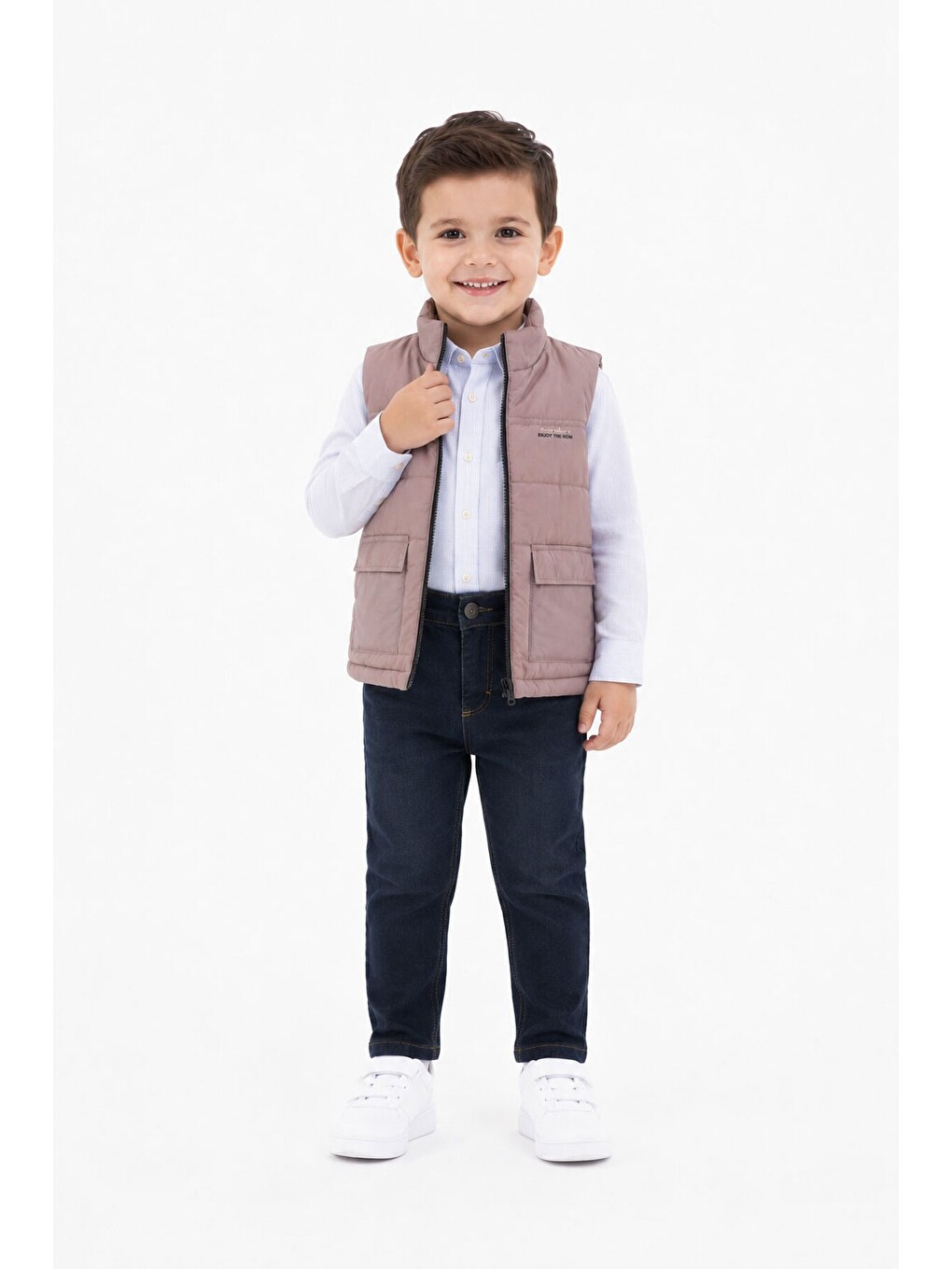 Ekru Krem Şişme Yelekli Gömlekli Erkek Çocuk Pantolonlu 3lü Takım 24521-1