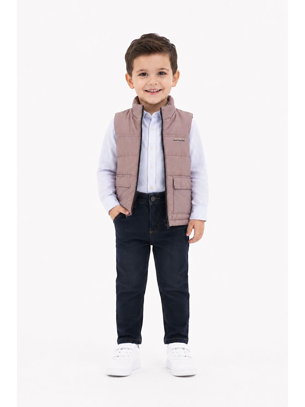 Ekru Krem Şişme Yelekli Gömlekli Erkek Çocuk Pantolonlu 3lü Takım 24521-2