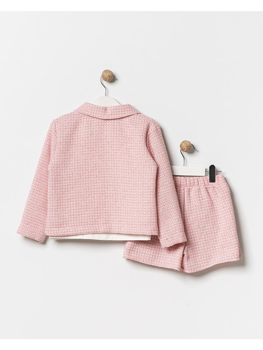 Kız Çocuk Pamuklu Pembe Dokulu Ceketli Etek Takım – T-Shirt Dahil 3'Lü-7