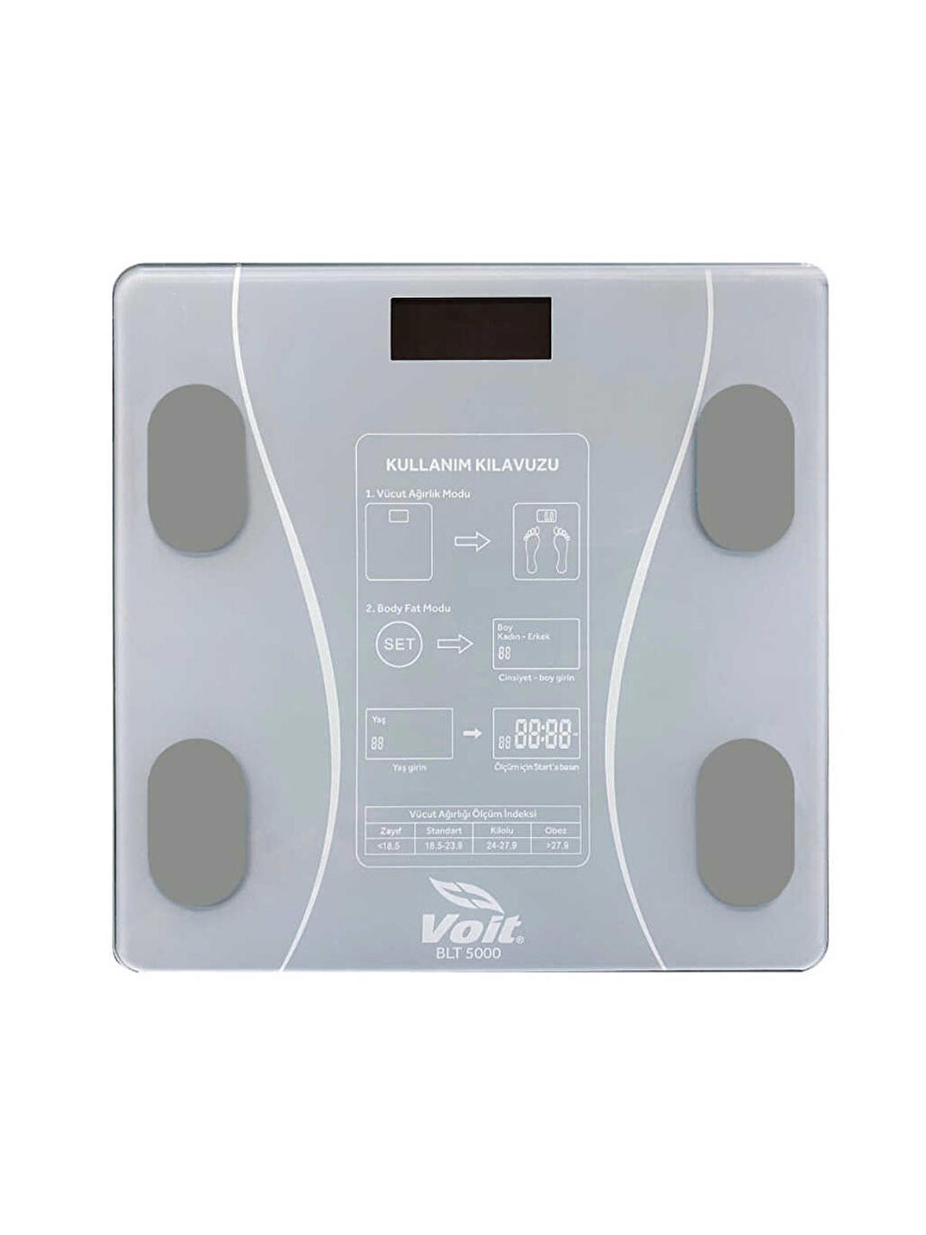 Gri Bluetooth Baskül - Dijital Akıllı Tartı - Yağ Ölçer Tartı - Pil ve Mezuro Hediyeli Tartı