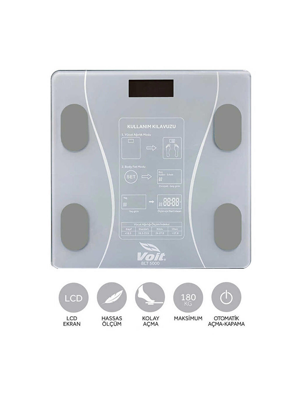 Gri Bluetooth Baskül - Dijital Akıllı Tartı - Yağ Ölçer Tartı - Pil ve Mezuro Hediyeli Tartı-1