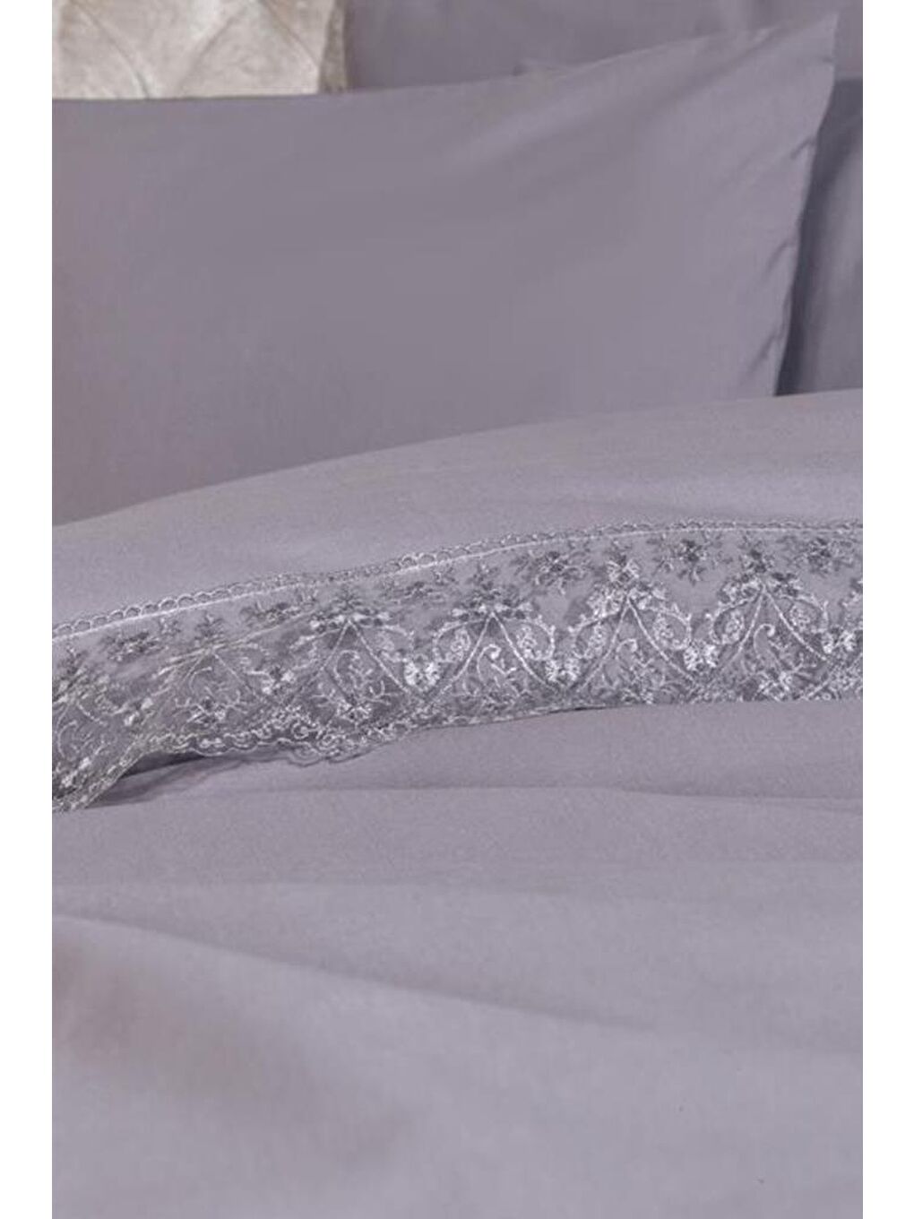 Fransız Dantelli Patya Çeyizlik Nevresim Takımı Gri-1