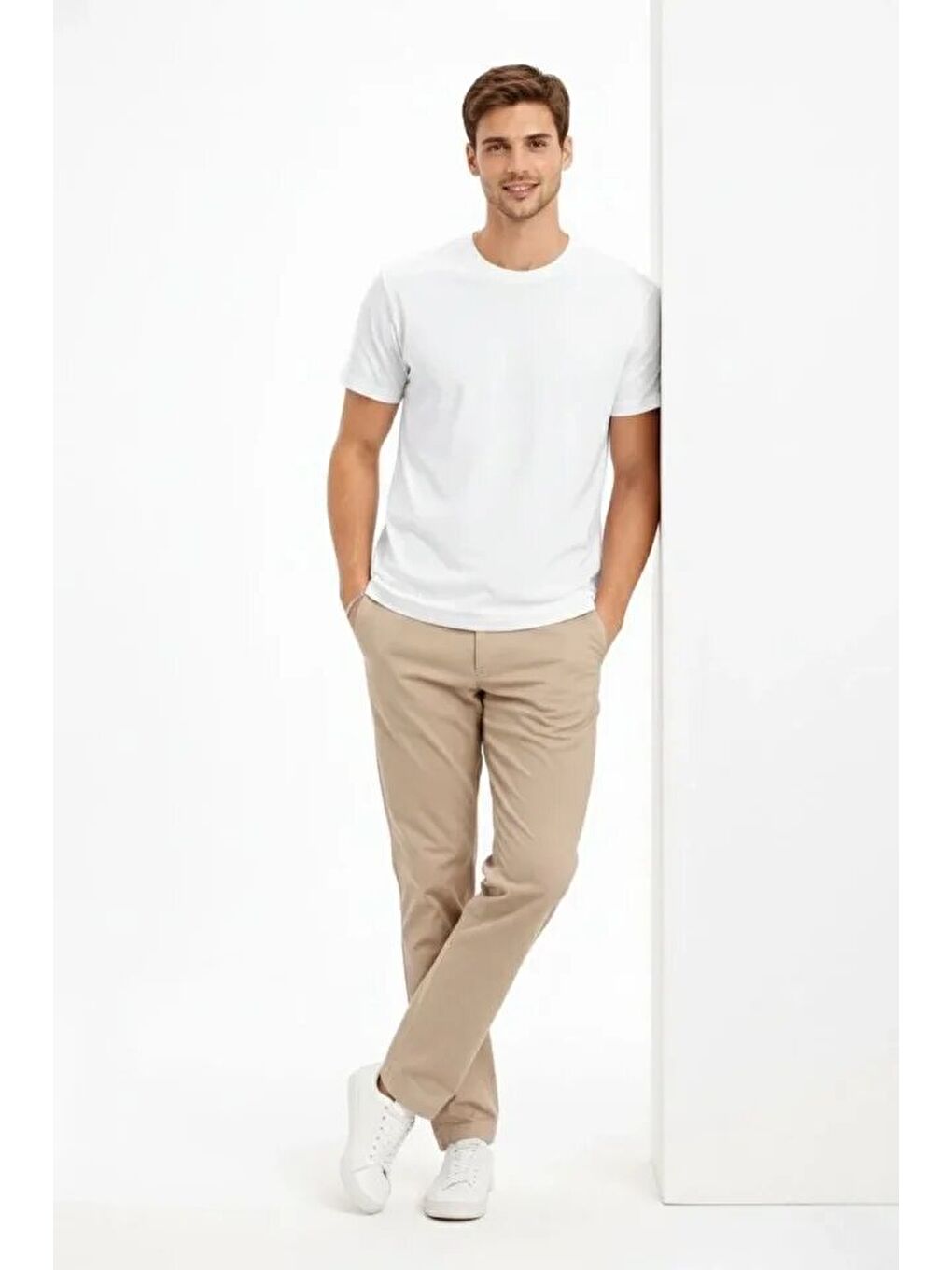 Beyaz Erkek Bisiklet Yaka Tişört Regular Kalıp Basic Pamuklu Tişört-2