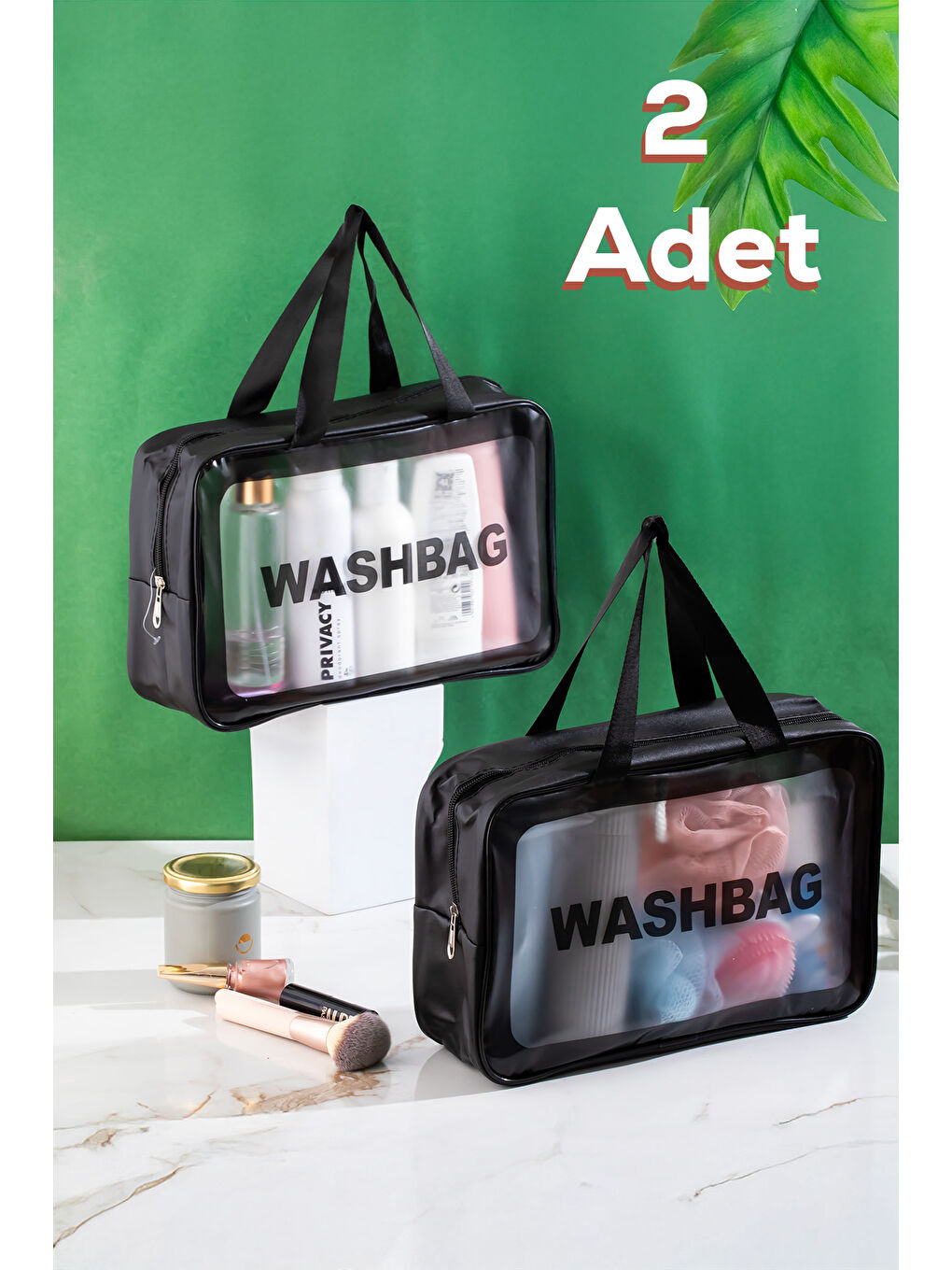 3142 2li Şeffaf Seyahat ve Makyaj Çantası Su Geçirmez Organizer Washbag 20x30cm