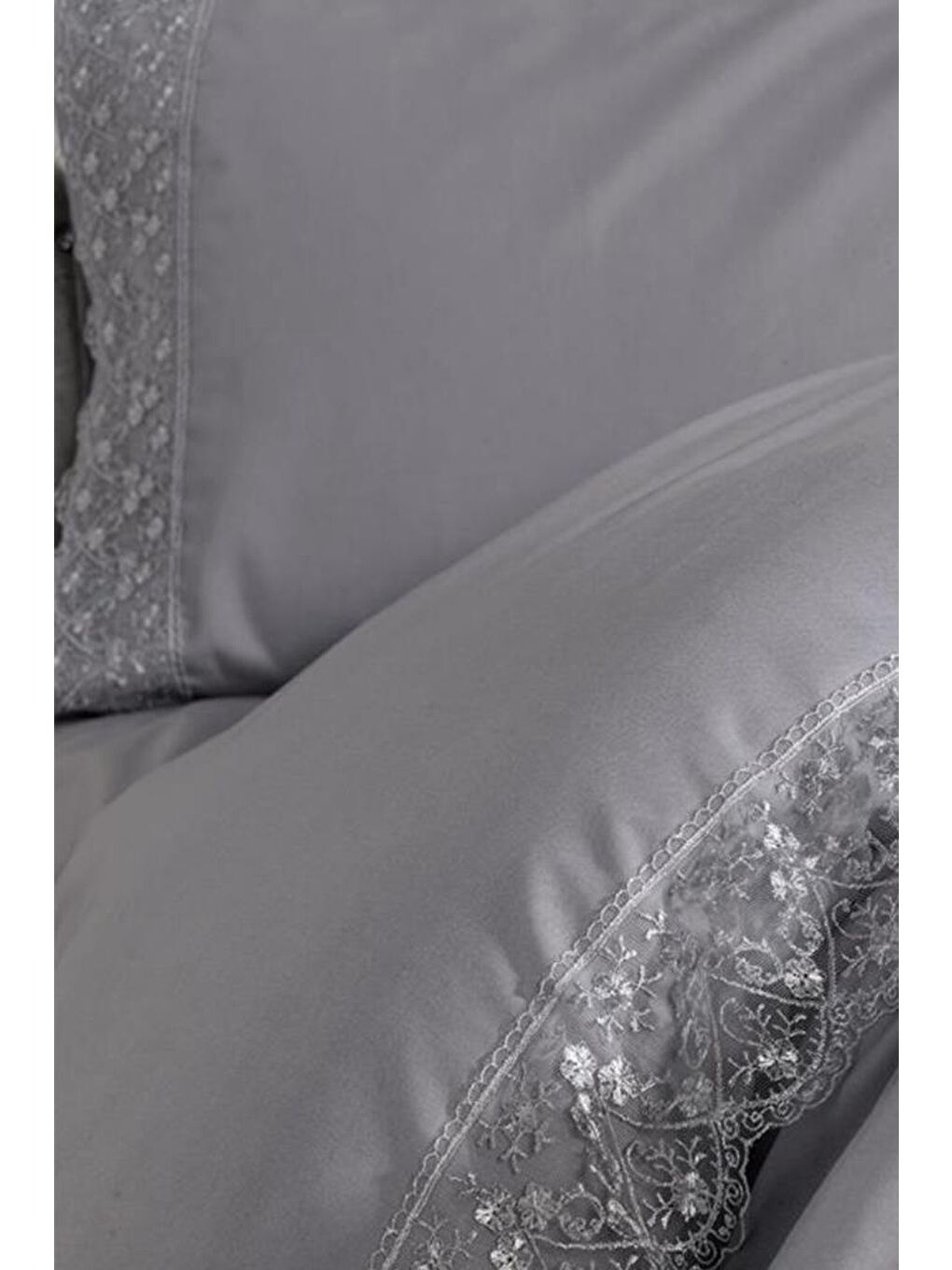 Fransız Dantelli Patya Çeyizlik Nevresim Takımı Gri-2