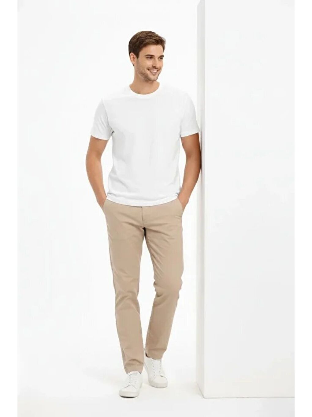 Beyaz Erkek Bisiklet Yaka Tişört Regular Kalıp Basic Pamuklu Tişört-3