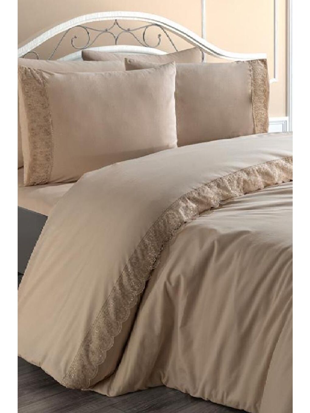 Karışık Fransız Dantelli Yonca Çeyizlik Nevresim Takımı Cappucino-6